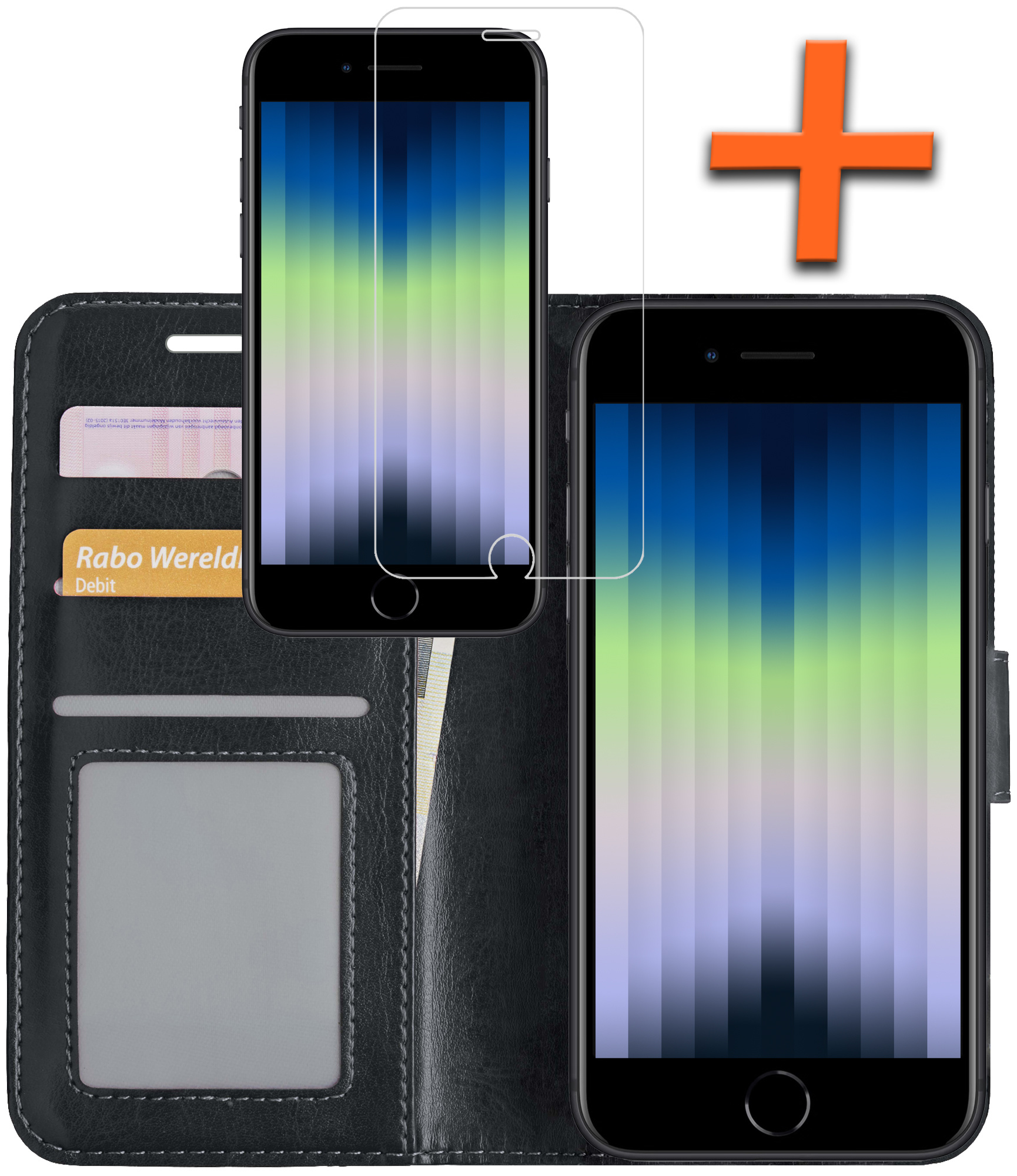 Nomfy Hoesje Geschikt voor iPhone SE 2022 Hoes Bookcase Flipcase Book Cover Met Screenprotector - Hoes Geschikt voor iPhone SE (2022) Hoesje Book Case - Zwart