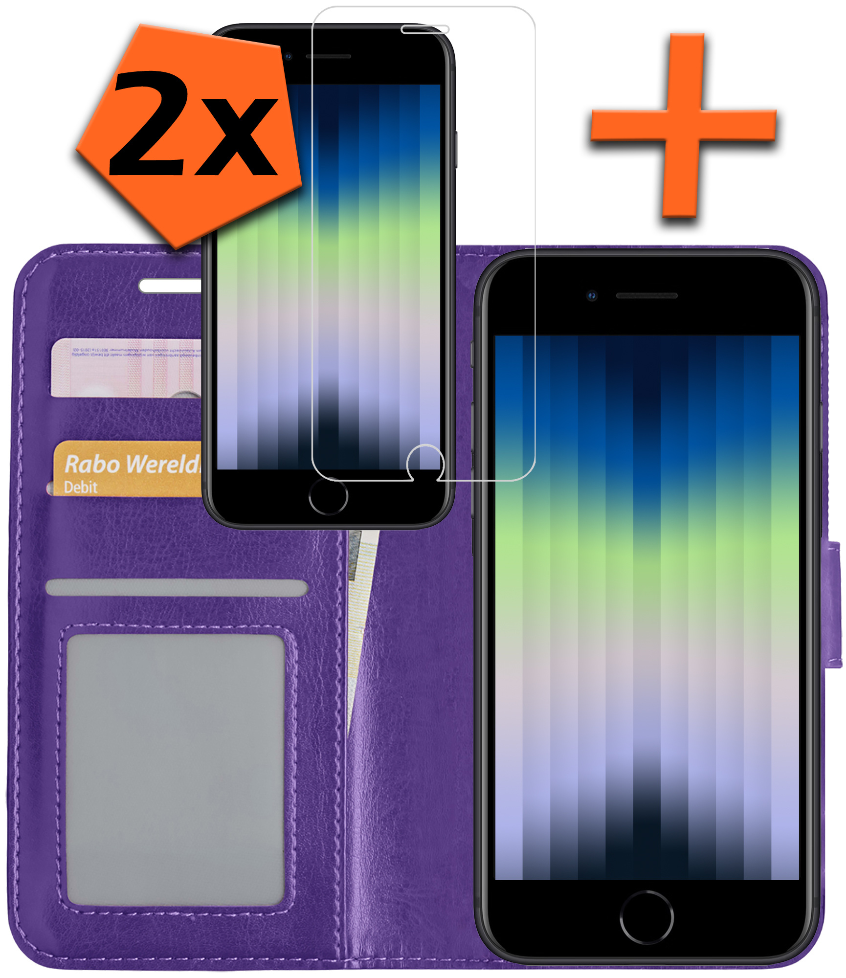 Nomfy Hoesje Geschikt voor iPhone SE 2022 Hoes Bookcase Flipcase Book Cover Met 2x Screenprotector - Hoes Geschikt voor iPhone SE (2022) Hoesje Book Case - Paars