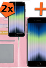 Nomfy Hoesje Geschikt voor iPhone SE 2022 Hoes Bookcase Flipcase Book Cover Met 2x Screenprotector - Hoes Geschikt voor iPhone SE (2022) Hoesje Book Case - Lichtroze