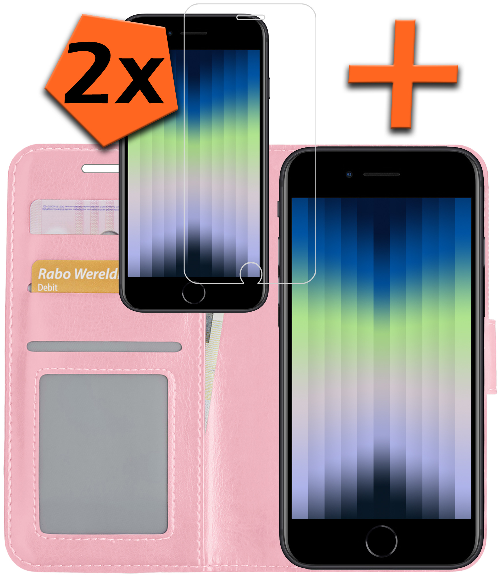 Nomfy Hoesje Geschikt voor iPhone SE 2022 Hoes Bookcase Flipcase Book Cover Met 2x Screenprotector - Hoes Geschikt voor iPhone SE (2022) Hoesje Book Case - Lichtroze