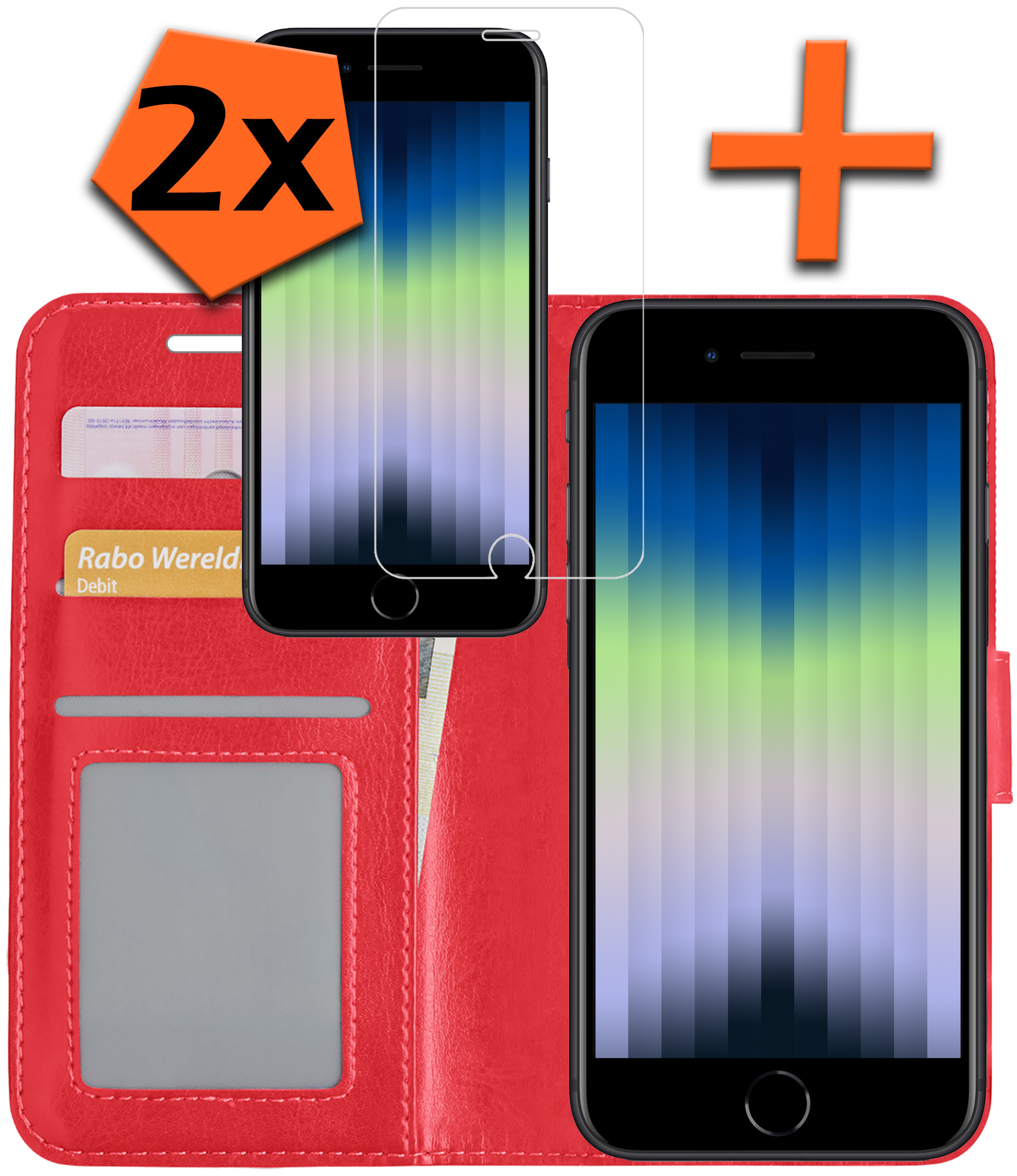 Nomfy Hoesje Geschikt voor iPhone SE 2022 Hoes Bookcase Flipcase Book Cover Met 2x Screenprotector - Hoes Geschikt voor iPhone SE (2022) Hoesje Book Case - Rood