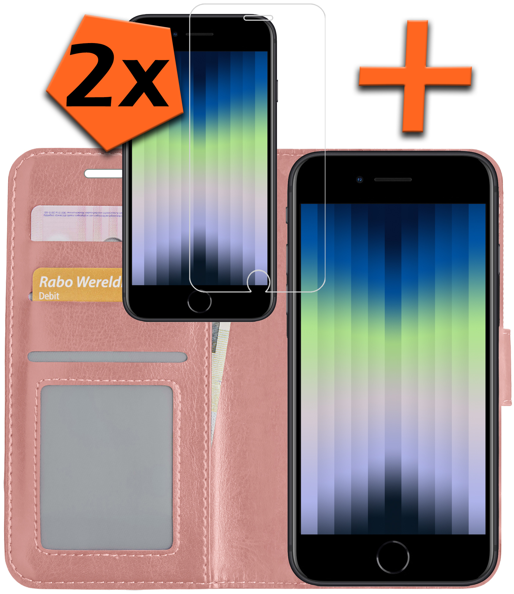 Nomfy Hoesje Geschikt voor iPhone SE 2022 Hoes Bookcase Flipcase Book Cover Met 2x Screenprotector - Hoes Geschikt voor iPhone SE (2022) Hoesje Book Case - Rosé goud