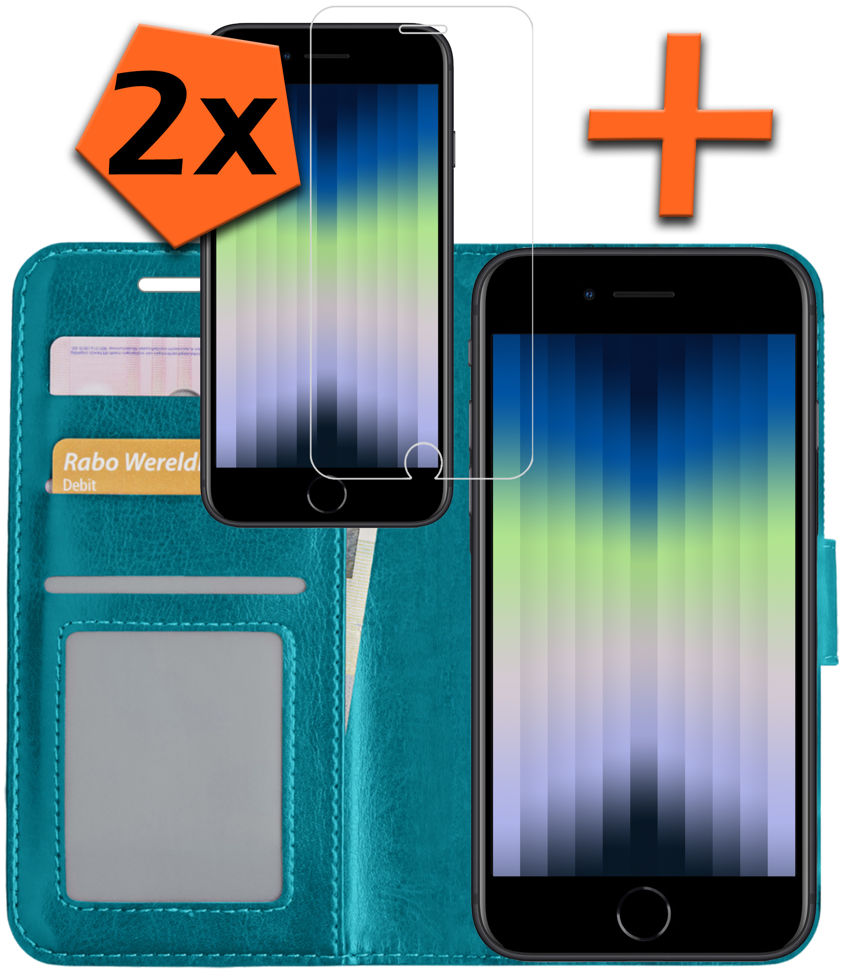 Nomfy Hoesje Geschikt voor iPhone SE 2022 Hoes Bookcase Flipcase Book Cover Met 2x Screenprotector - Hoes Geschikt voor iPhone SE (2022) Hoesje Book Case - Turquoise