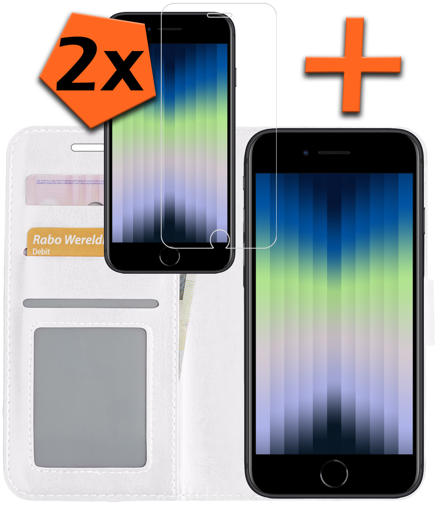 Nomfy Hoesje Geschikt voor iPhone SE 2022 Hoes Bookcase Flipcase Book Cover Met 2x Screenprotector - Hoes Geschikt voor iPhone SE (2022) Hoesje Book Case - Wit