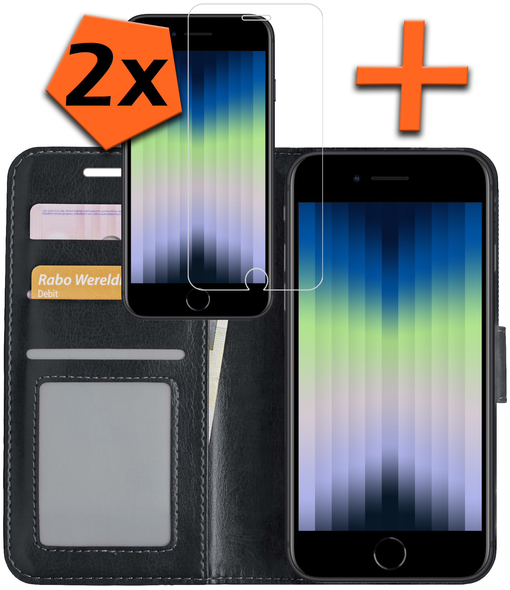 Nomfy Hoesje Geschikt voor iPhone SE 2022 Hoes Bookcase Flipcase Book Cover Met 2x Screenprotector - Hoes Geschikt voor iPhone SE (2022) Hoesje Book Case - Zwart