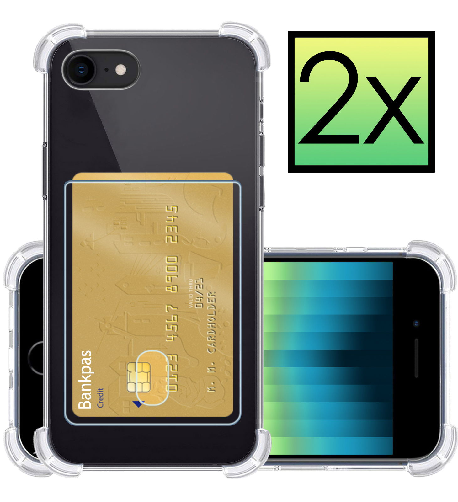 NoXx Hoes Geschikt voor iPhone SE 2022 Hoesje Pasjeshouder Cover Shock Proof Case Siliconen Hoes Met Kaarthouder - Transparant - 2x