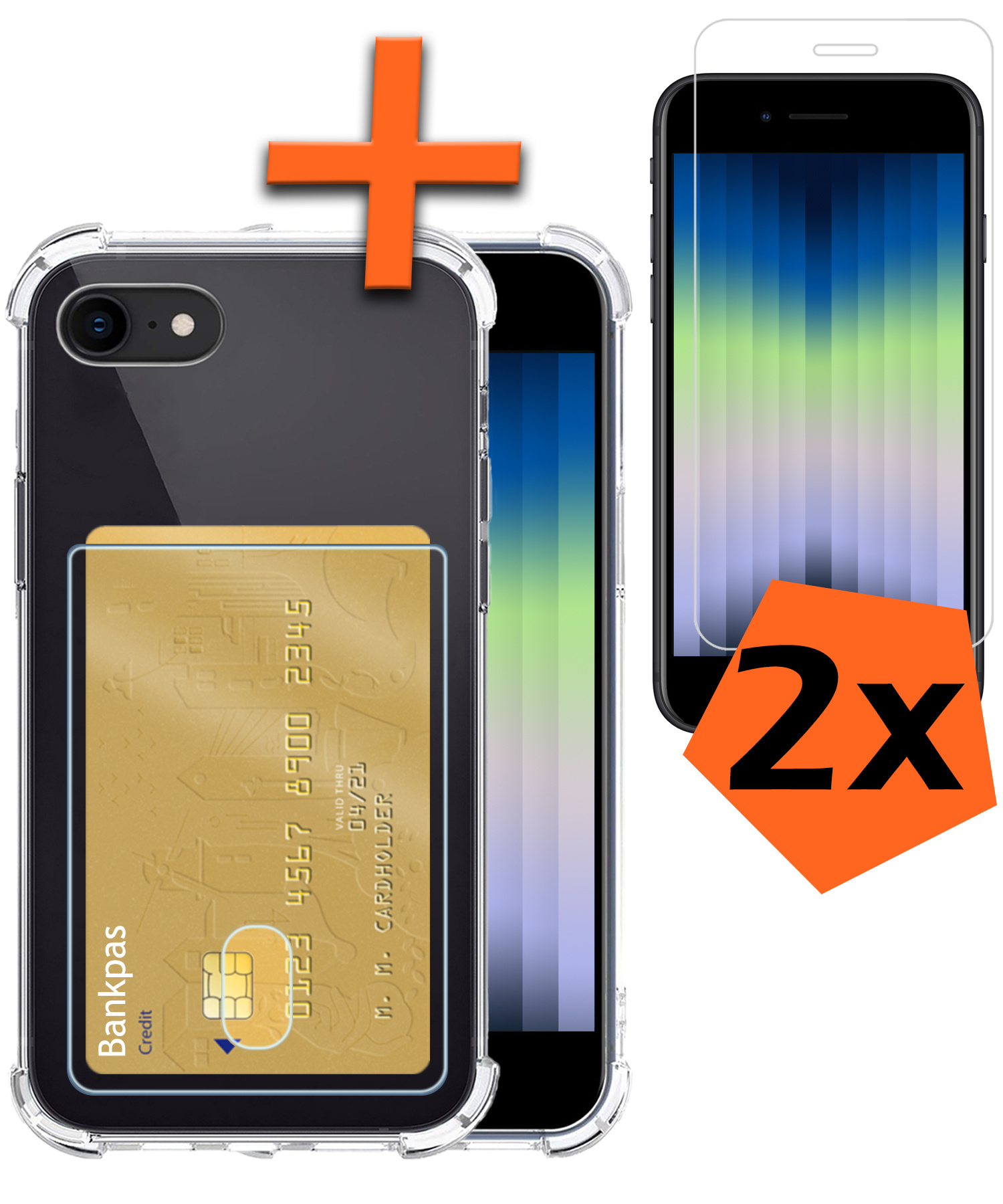 Nomfy Hoesje Geschikt voor iPhone SE 2022 Hoesje Pasjeshouder Shockproof Pas Houder Met 2x Screenprotector - Hoesje Geschikt voor iPhone SE (2022) Hoes Met Kaarthouder - Transparant