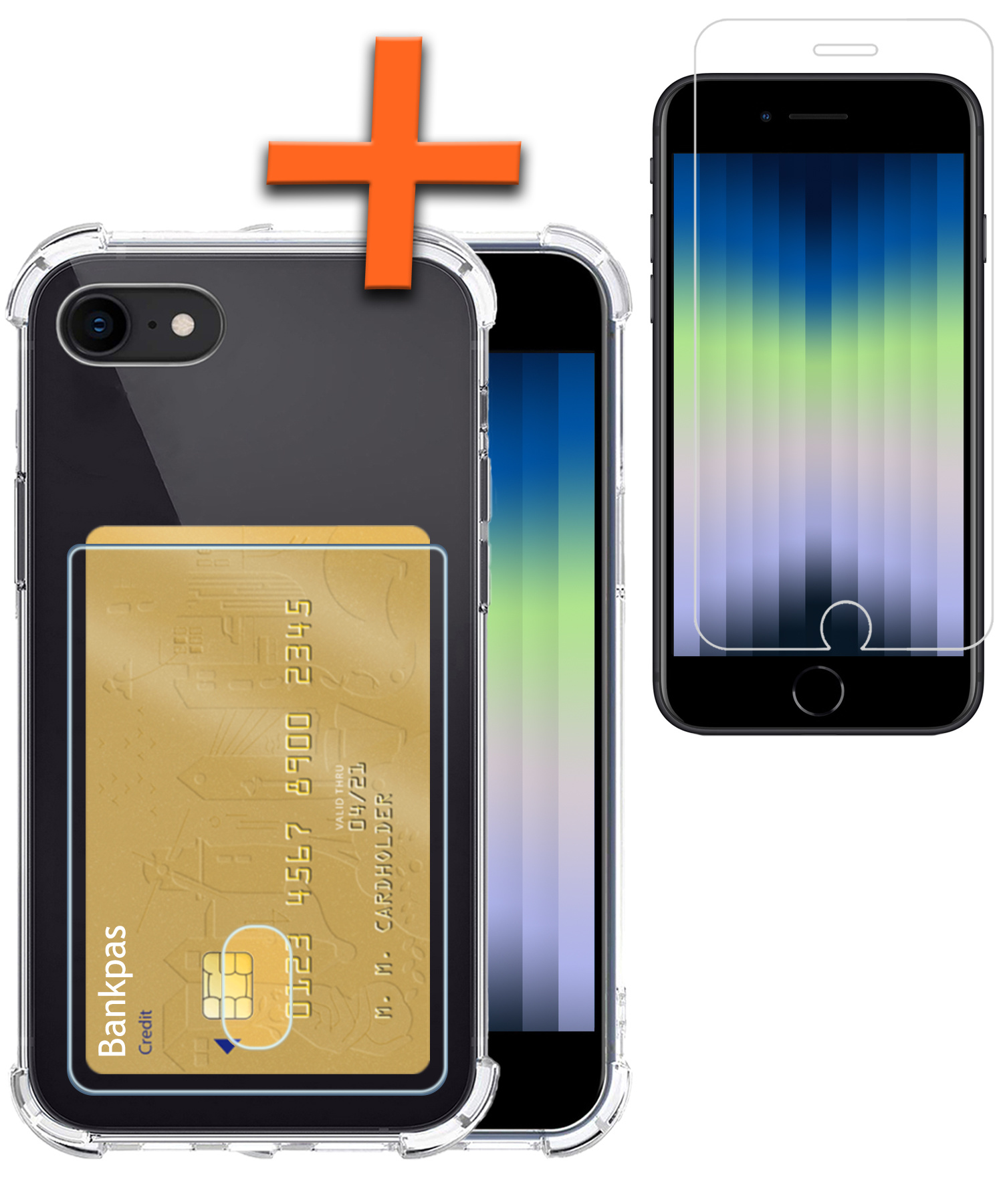 Nomfy Hoesje Geschikt voor iPhone SE 2022 Hoesje Pasjeshouder Shockproof Pas Houder Met Screenprotector - Hoesje Geschikt voor iPhone SE (2022) Hoes Met Kaarthouder - Transparant