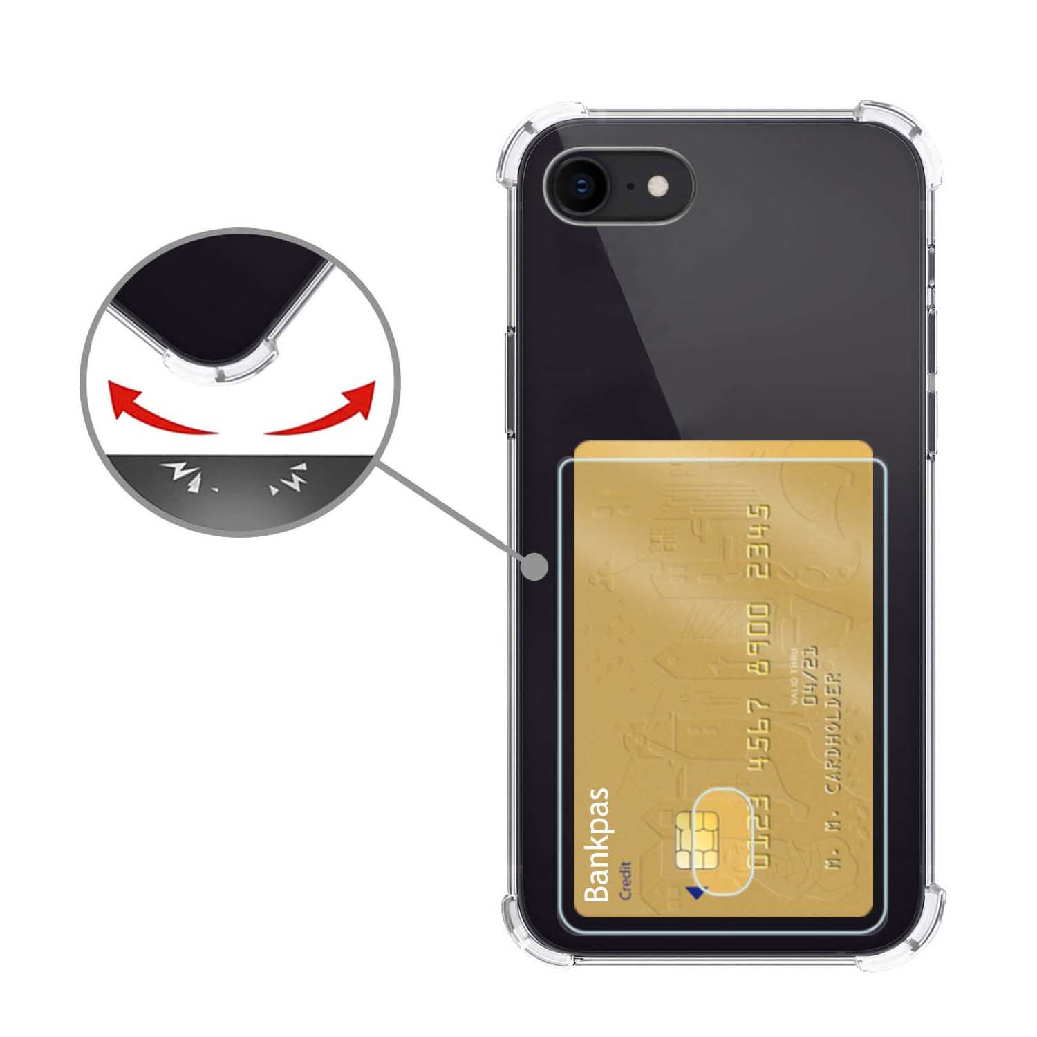 Nomfy Hoesje Geschikt voor iPhone SE 2022 Hoesje Pasjeshouder Shockproof Pas Houder Met Screenprotector - Hoesje Geschikt voor iPhone SE (2022) Hoes Met Kaarthouder - Transparant