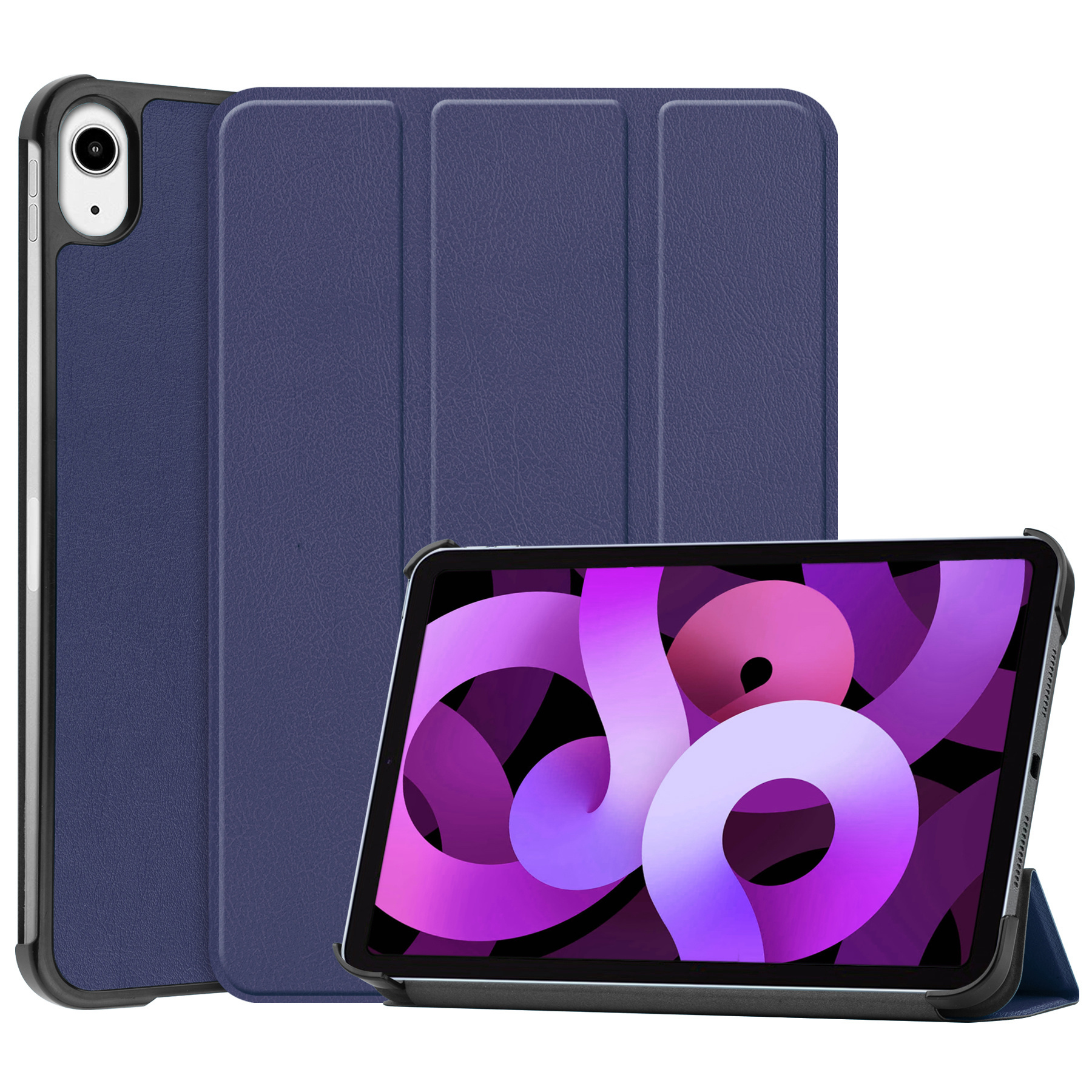 Nomfy Hoes Geschikt voor iPad Air 2022 Hoes Tri-fold Tablet Hoesje Case Met Screenprotector - Hoesje Geschikt voor iPad Air 5 2022 Hoesje Hardcover Bookcase - Donkerblauw
