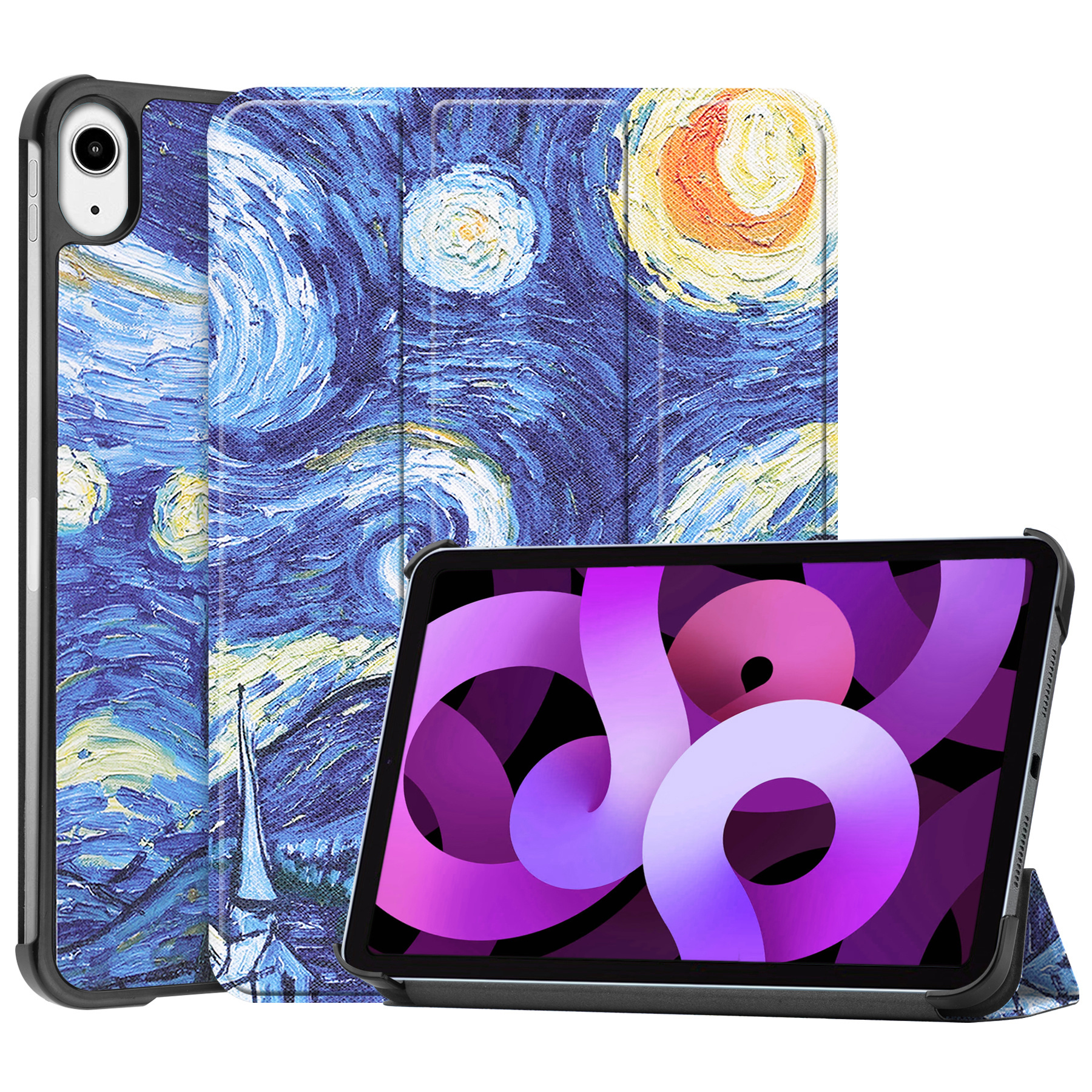 Nomfy Hoes Geschikt voor iPad Air 2022 Hoes Tri-fold Tablet Hoesje Case Met Screenprotector - Hoesje Geschikt voor iPad Air 5 2022 Hoesje Hardcover Bookcase - Sterrenhemel