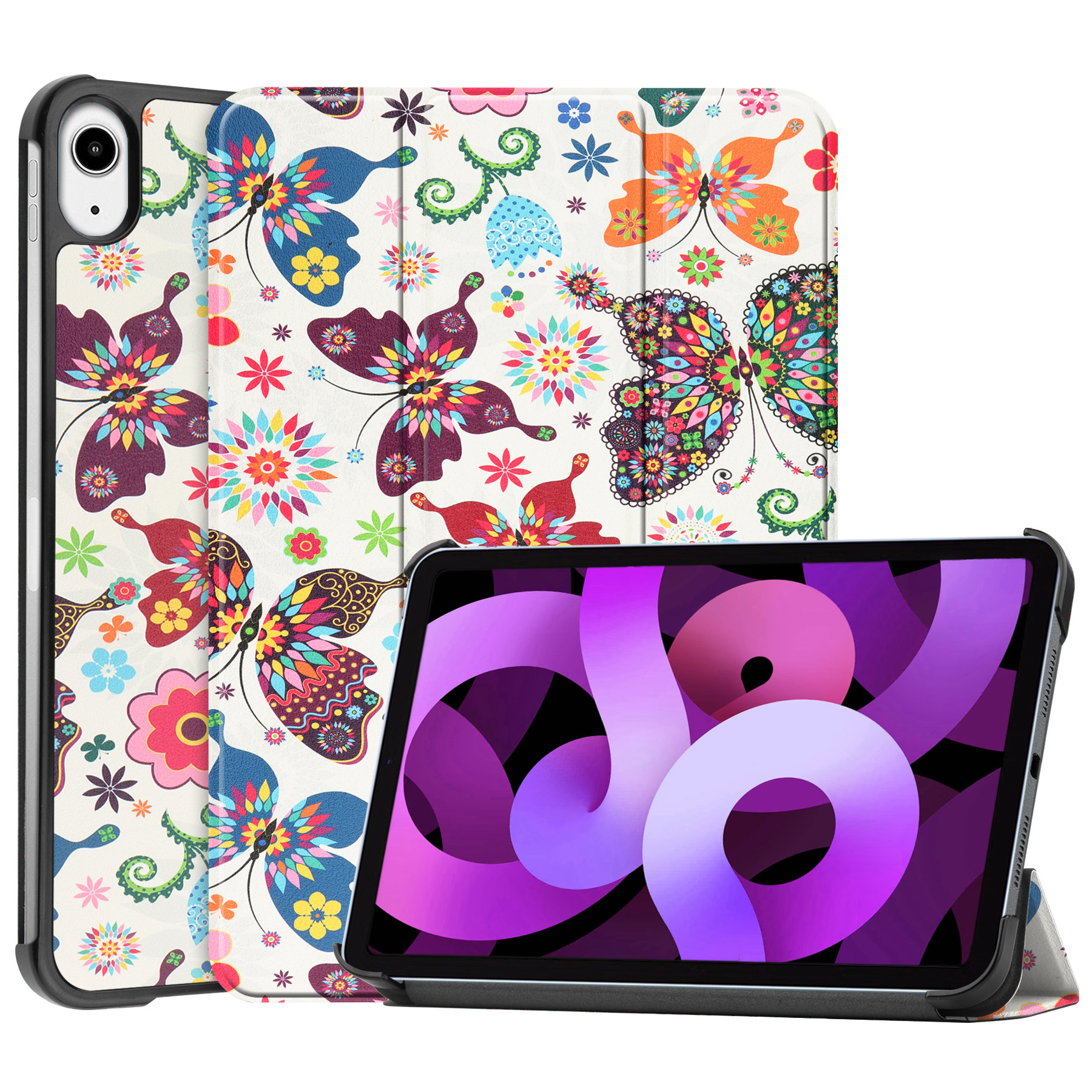 Nomfy Hoes Geschikt voor iPad Air 2022 Hoes Tri-fold Tablet Hoesje Case Met Screenprotector - Hoesje Geschikt voor iPad Air 5 2022 Hoesje Hardcover Bookcase - Vlinders
