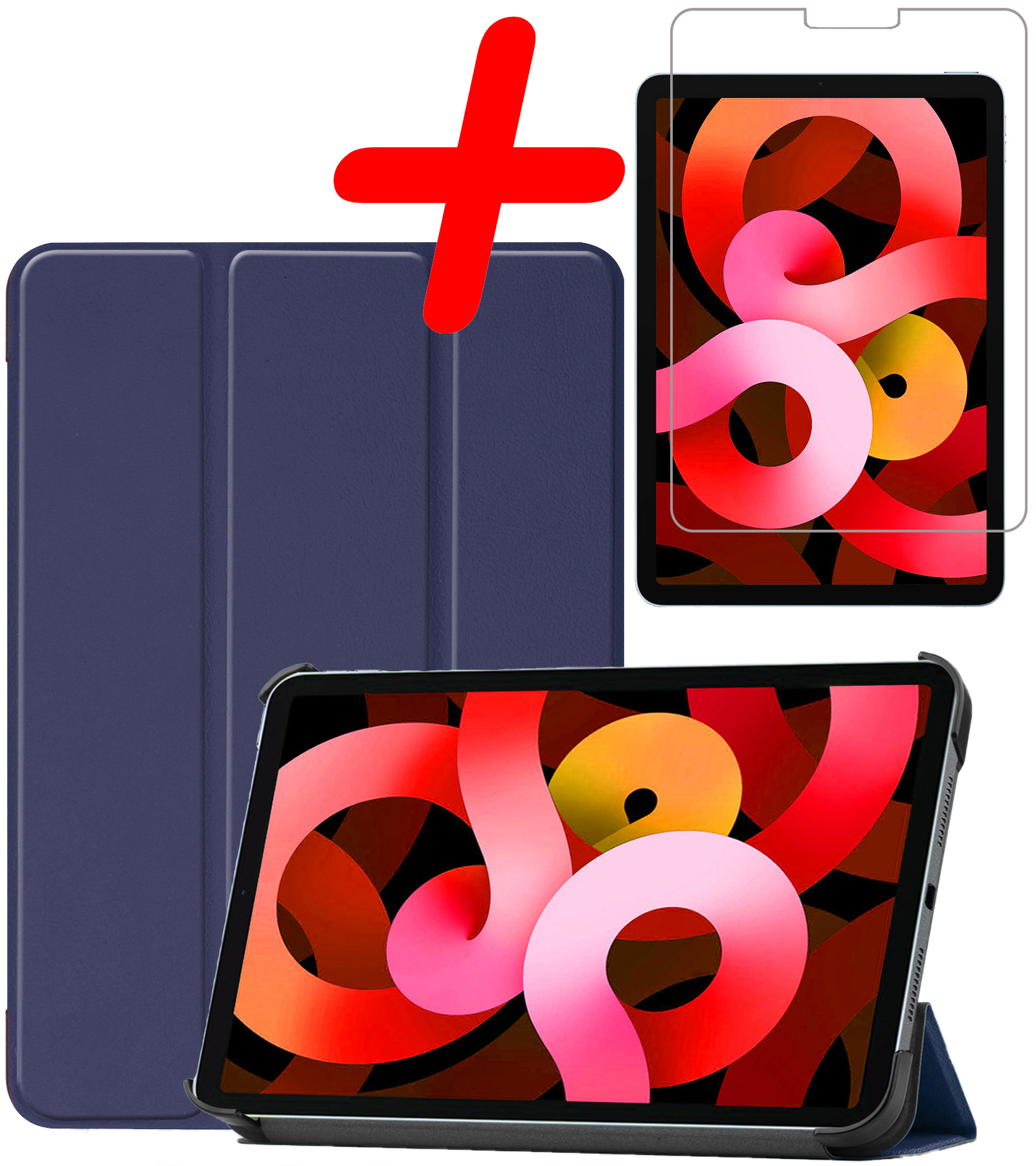BASEY. Hoesje Geschikt voor iPad Air 2022 Hoes Case Tablet Hoesje Tri-fold Met Screenprotector - Hoes Geschikt voor iPad Air 5 2022 Hoesje Hard Cover Bookcase Hoes - Donkerblauw