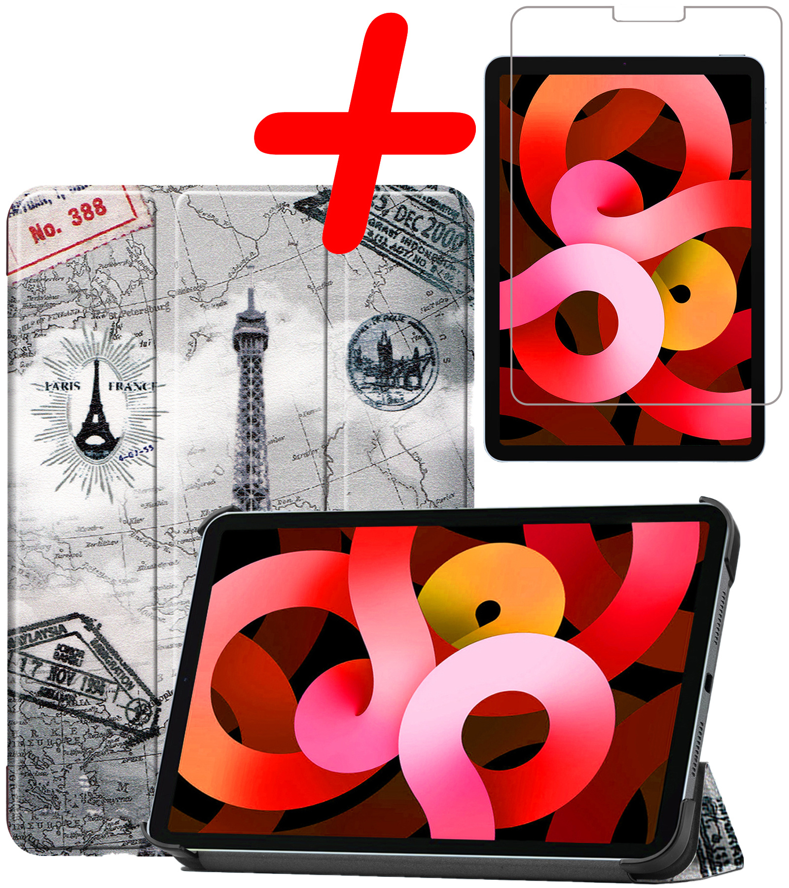 BASEY. Hoesje Geschikt voor iPad Air 2022 Hoes Case Tablet Hoesje Tri-fold Met Screenprotector - Hoes Geschikt voor iPad Air 5 2022 Hoesje Hard Cover Bookcase Hoes - Eiffeltoren