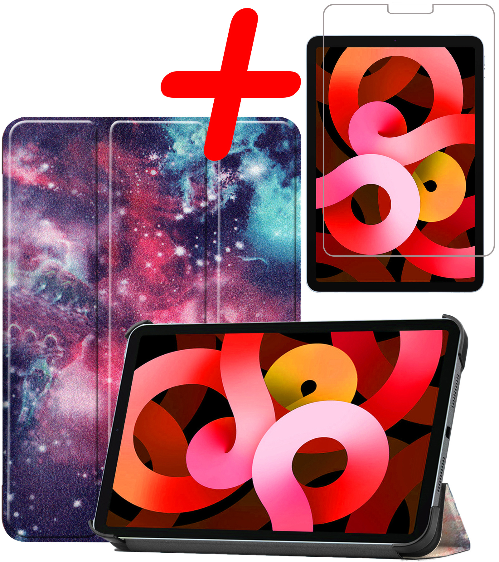 BASEY. Hoesje Geschikt voor iPad Air 2022 Hoes Case Tablet Hoesje Tri-fold Met Screenprotector - Hoes Geschikt voor iPad Air 5 2022 Hoesje Hard Cover Bookcase Hoes - Galaxy