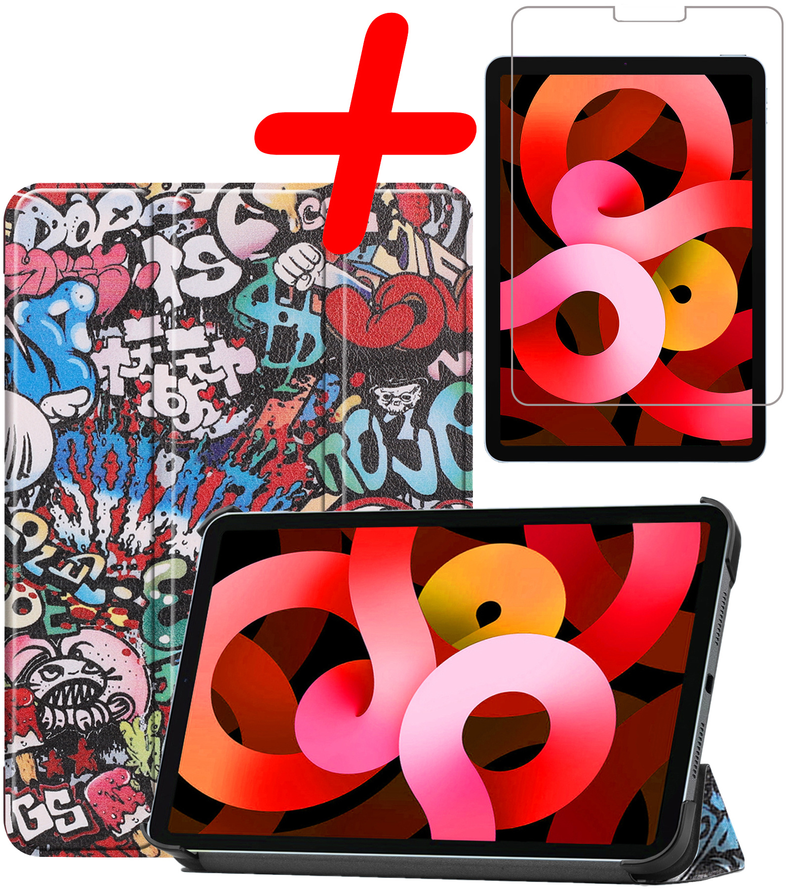 BASEY. Hoesje Geschikt voor iPad Air 2022 Hoes Case Tablet Hoesje Tri-fold Met Screenprotector - Hoes Geschikt voor iPad Air 5 2022 Hoesje Hard Cover Bookcase Hoes - Graffity