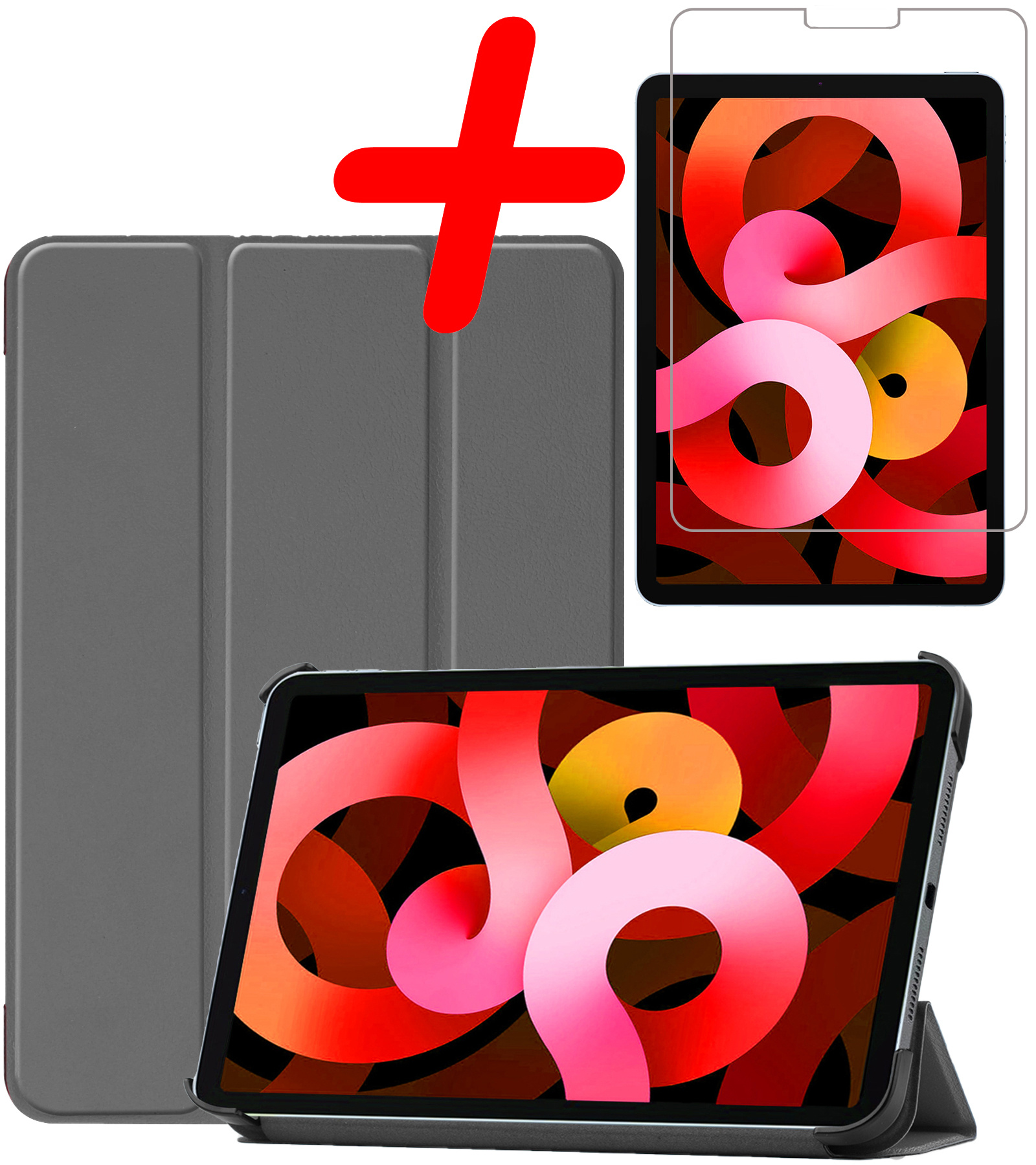BASEY. Hoesje Geschikt voor iPad Air 2022 Hoes Case Tablet Hoesje Tri-fold Met Screenprotector - Hoes Geschikt voor iPad Air 5 2022 Hoesje Hard Cover Bookcase Hoes - Grijs