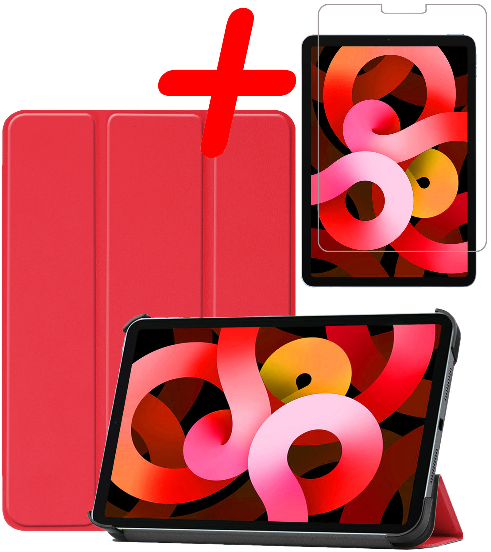 BASEY. Hoesje Geschikt voor iPad Air 2022 Hoes Case Tablet Hoesje Tri-fold Met Screenprotector - Hoes Geschikt voor iPad Air 5 2022 Hoesje Hard Cover Bookcase Hoes - Rood