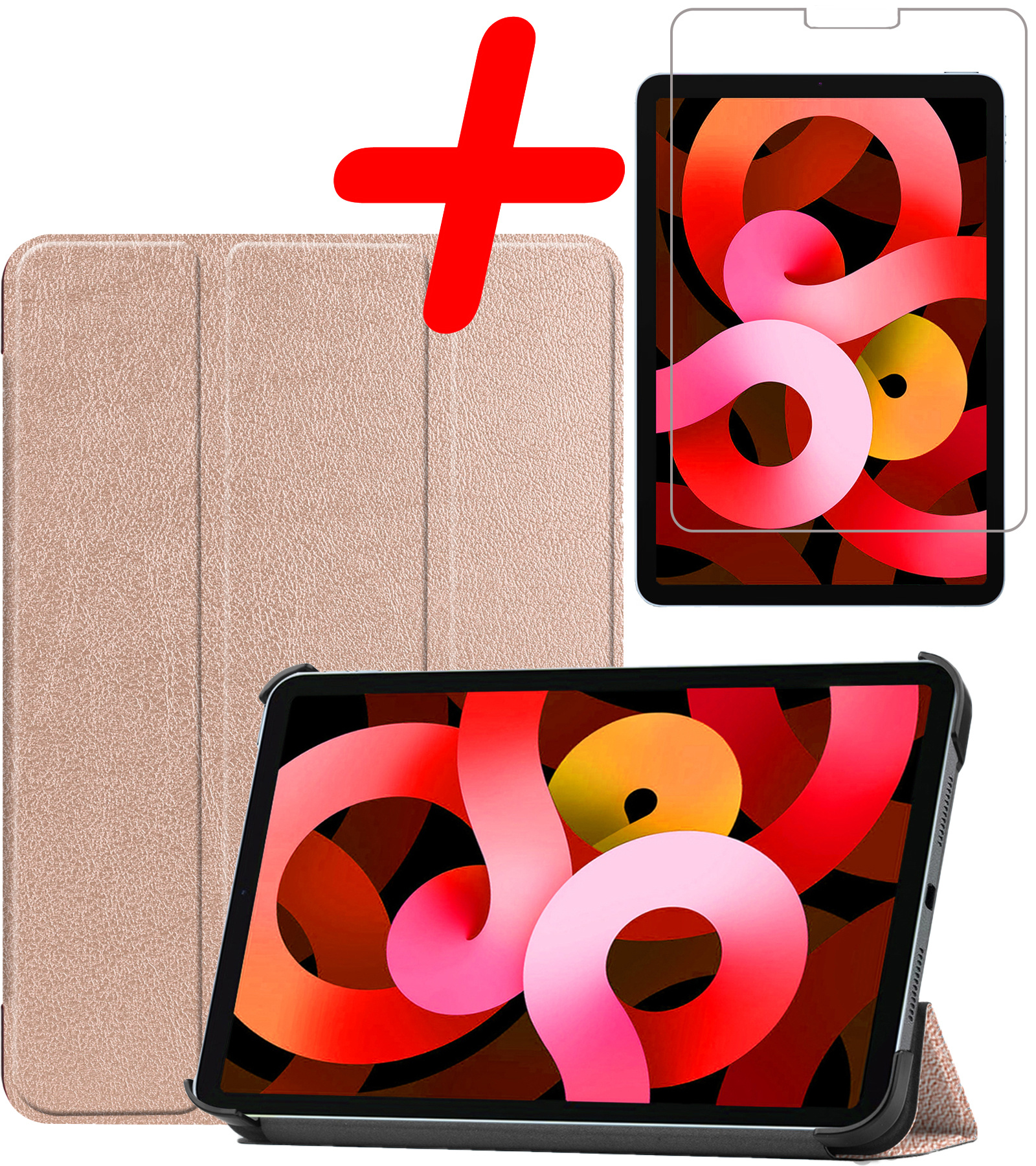 BASEY. Hoesje Geschikt voor iPad Air 2022 Hoes Case Tablet Hoesje Tri-fold Met Screenprotector - Hoes Geschikt voor iPad Air 5 2022 Hoesje Hard Cover Bookcase Hoes - Rosé goud