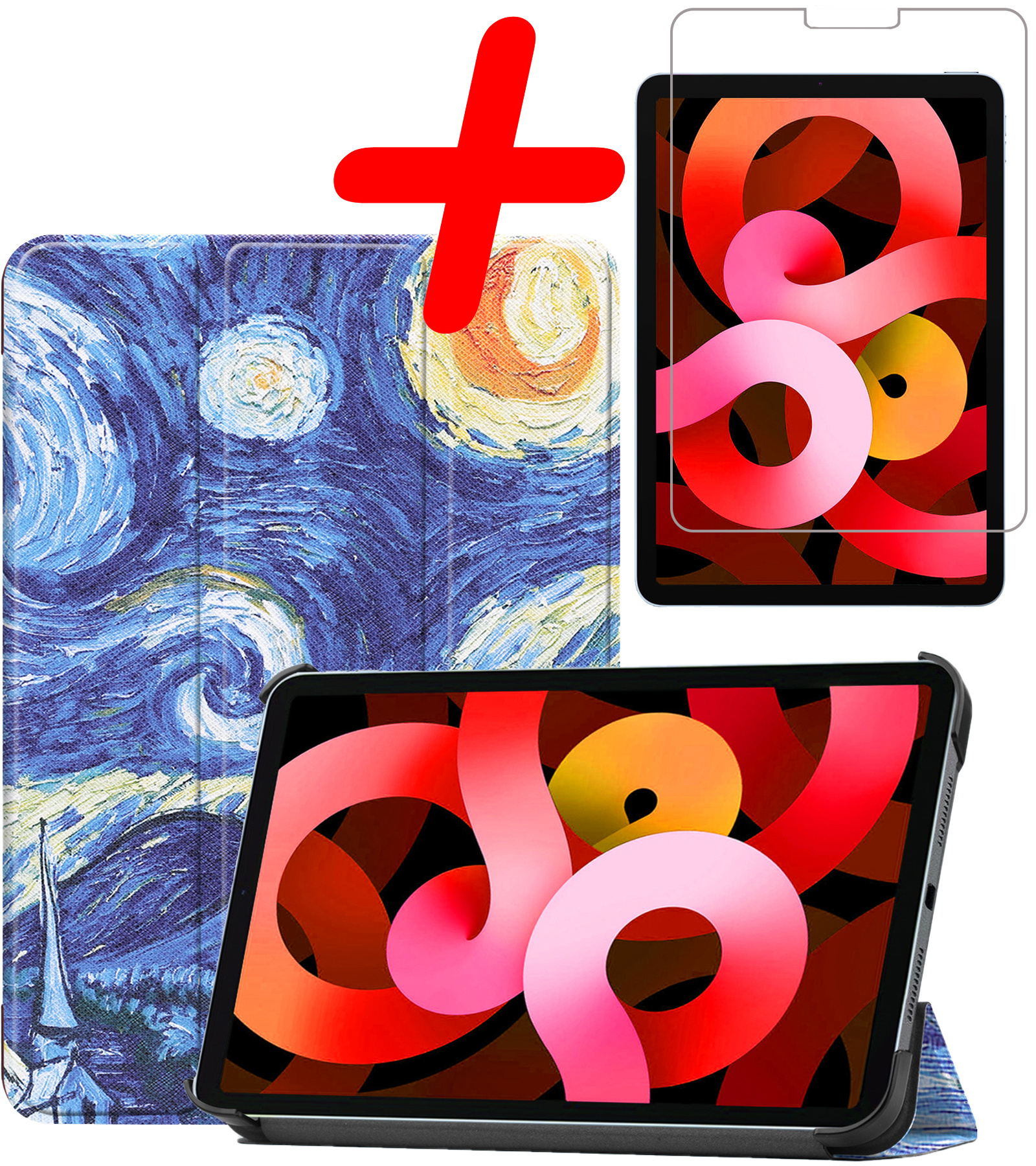 BASEY. Hoesje Geschikt voor iPad Air 2022 Hoes Case Tablet Hoesje Tri-fold Met Screenprotector - Hoes Geschikt voor iPad Air 5 2022 Hoesje Hard Cover Bookcase Hoes - Sterrenhemel