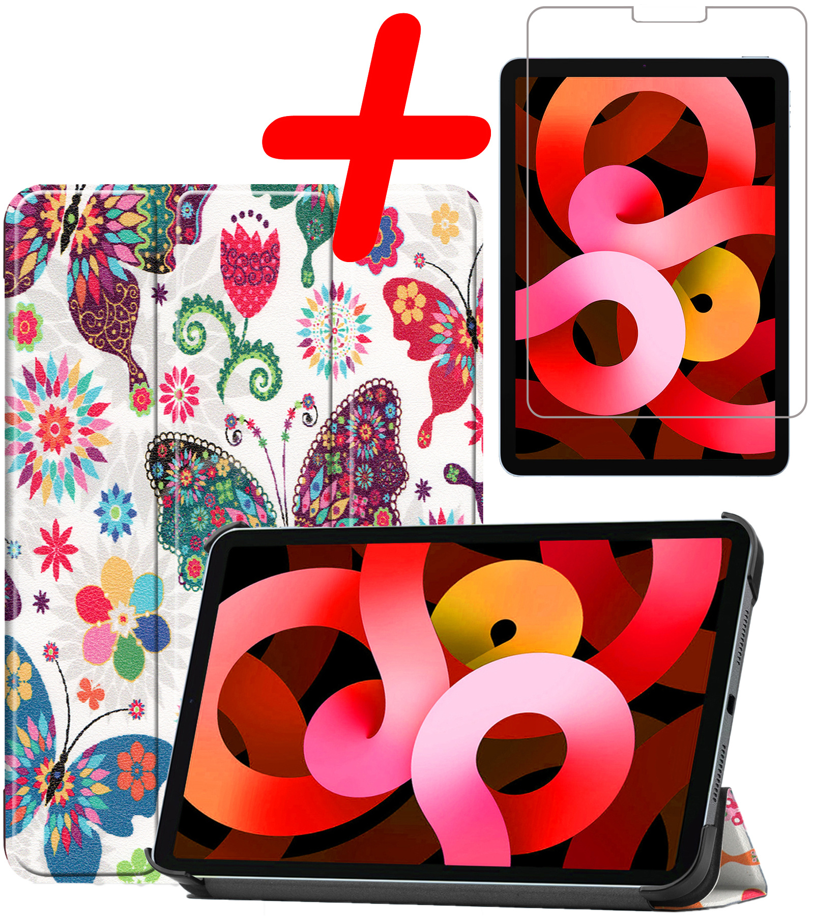 BASEY. Hoesje Geschikt voor iPad Air 2022 Hoes Case Tablet Hoesje Tri-fold Met Screenprotector - Hoes Geschikt voor iPad Air 5 2022 Hoesje Hard Cover Bookcase Hoes - Vlinders