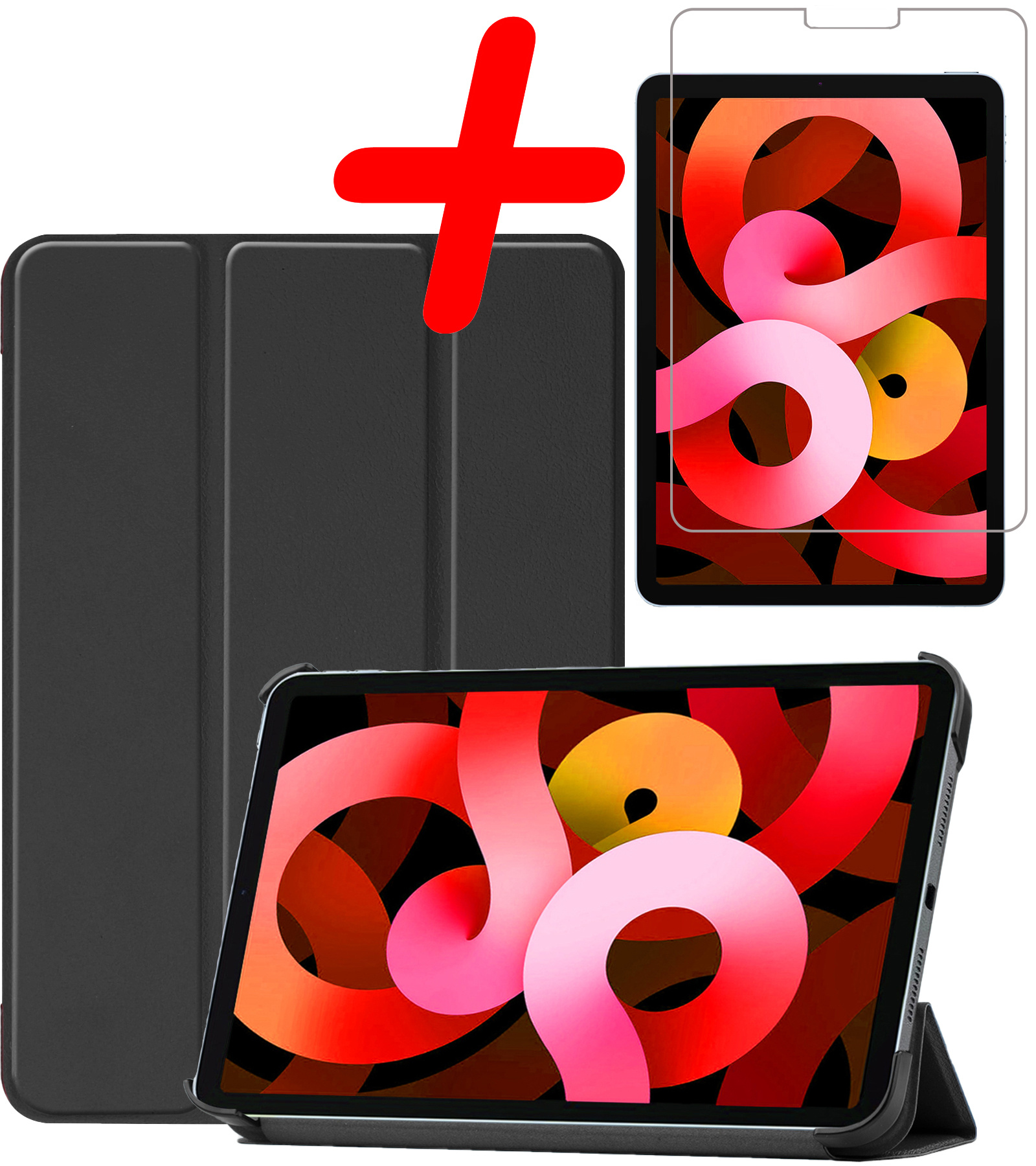 BASEY. Hoesje Geschikt voor iPad Air 2022 Hoes Case Tablet Hoesje Tri-fold Met Screenprotector - Hoes Geschikt voor iPad Air 5 2022 Hoesje Hard Cover Bookcase Hoes - Zwart