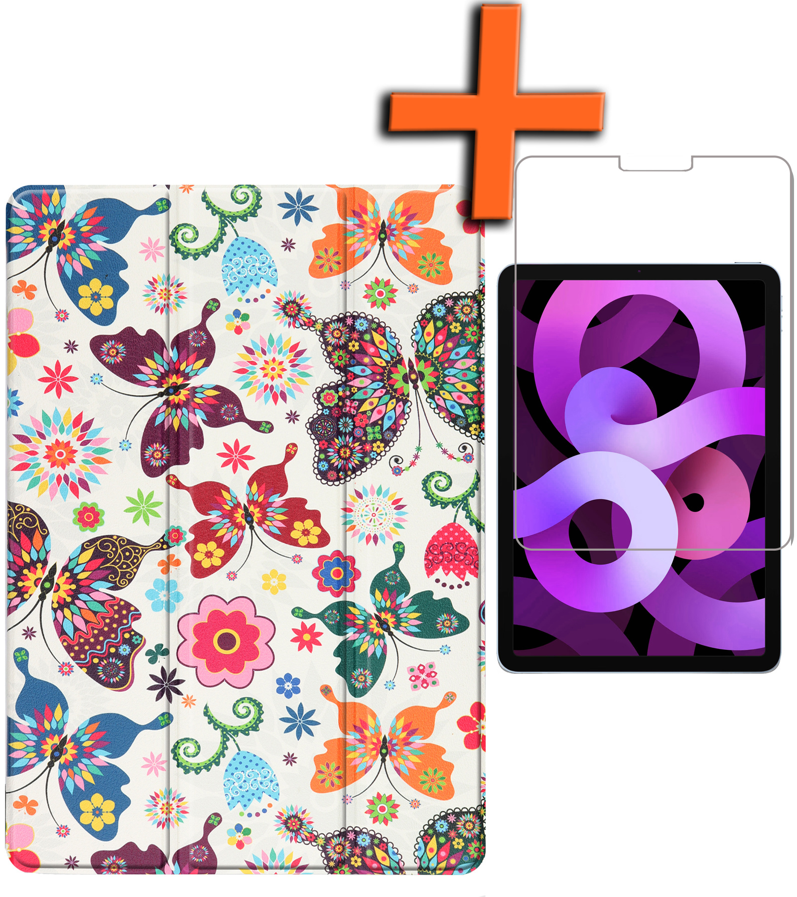 Nomfy Hoes Geschikt voor iPad Air 2022 Hoes Tri-fold Tablet Hoesje Case Met Screenprotector - Hoesje Geschikt voor iPad Air 5 2022 Hoesje Hardcover Bookcase - Vlinders