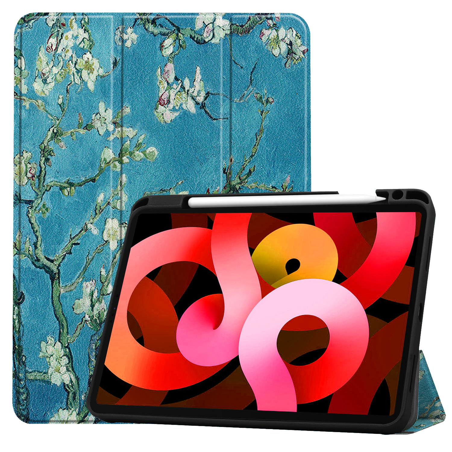 BASEY. Hoesje Geschikt voor iPad Air 2022 Hoes Case Tablet Hoesje Tri-fold Met Uitsparing Geschikt voor Apple Pencil - Hoes Geschikt voor iPad Air 5 2022 Hoesje Hard Cover Bookcase Hoes - Bloesem