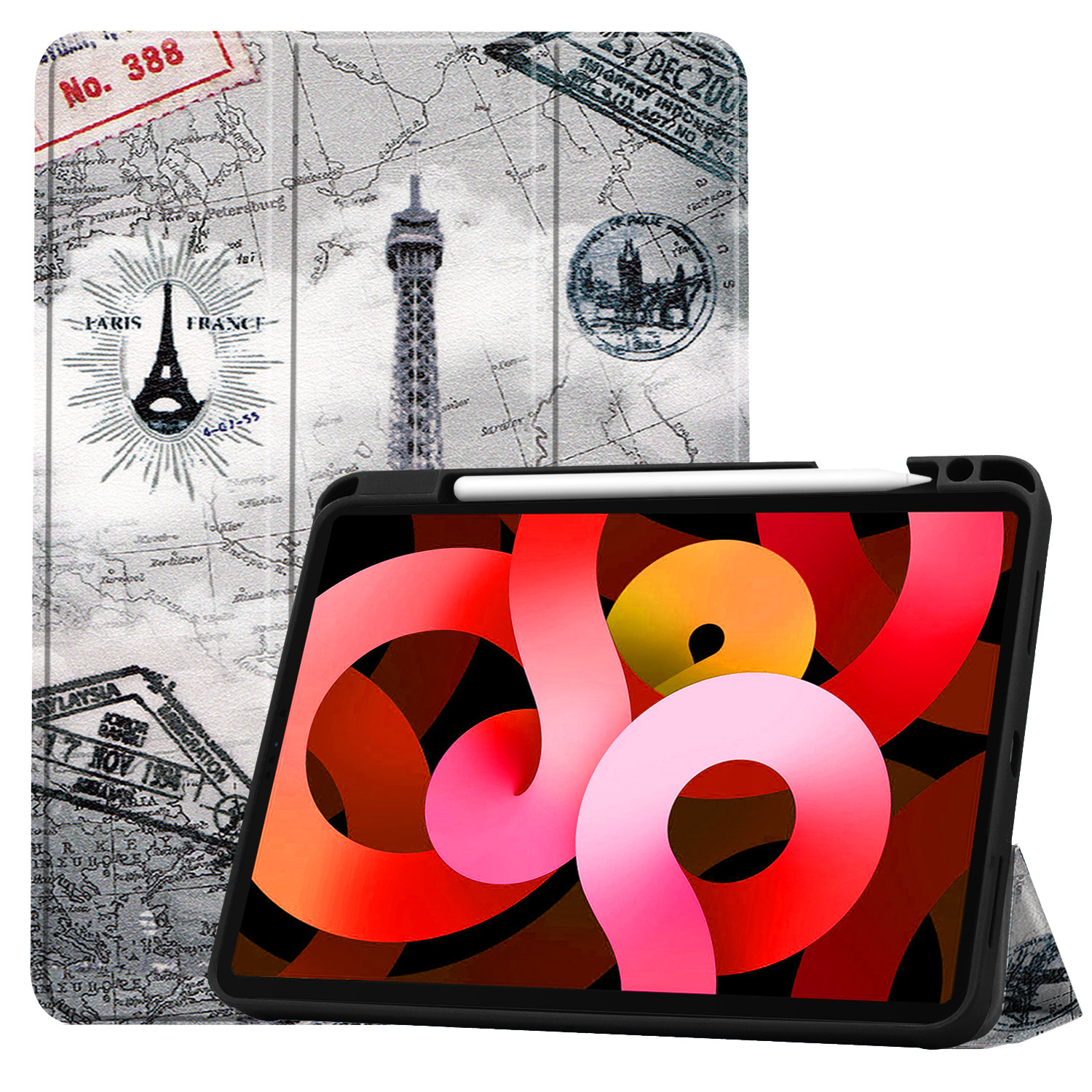 BASEY. Hoesje Geschikt voor iPad Air 2022 Hoes Case Tablet Hoesje Tri-fold Met Uitsparing Geschikt voor Apple Pencil - Hoes Geschikt voor iPad Air 5 2022 Hoesje Hard Cover Bookcase Hoes - Eiffeltoren