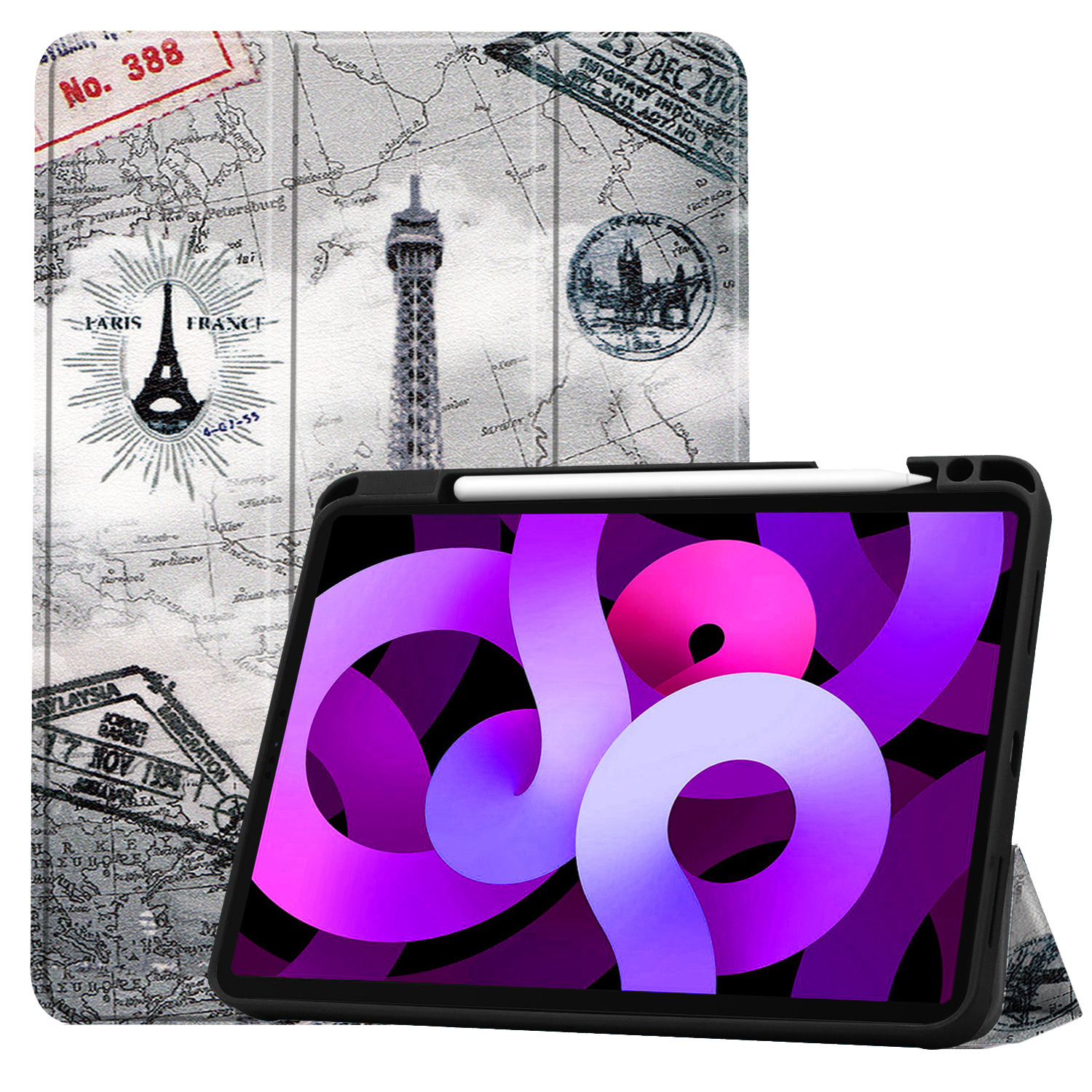 Nomfy Hoes Geschikt voor iPad Air 2022 Hoes Tri-fold Tablet Hoesje Case Met Uitsparing Geschikt voor Apple Pencil Met Screenprotector - Hoesje Geschikt voor iPad Air 5 2022 Hoesje Hardcover Bookcase - Eiffeltoren