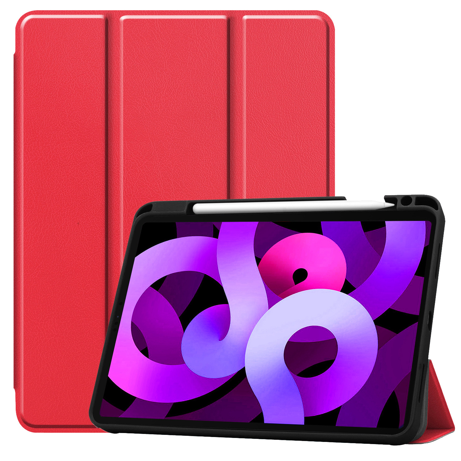 Nomfy Hoes Geschikt voor iPad Air 2022 Hoes Tri-fold Tablet Hoesje Case Met Uitsparing Geschikt voor Apple Pencil Met Screenprotector - Hoesje Geschikt voor iPad Air 5 2022 Hoesje Hardcover Bookcase - Rood