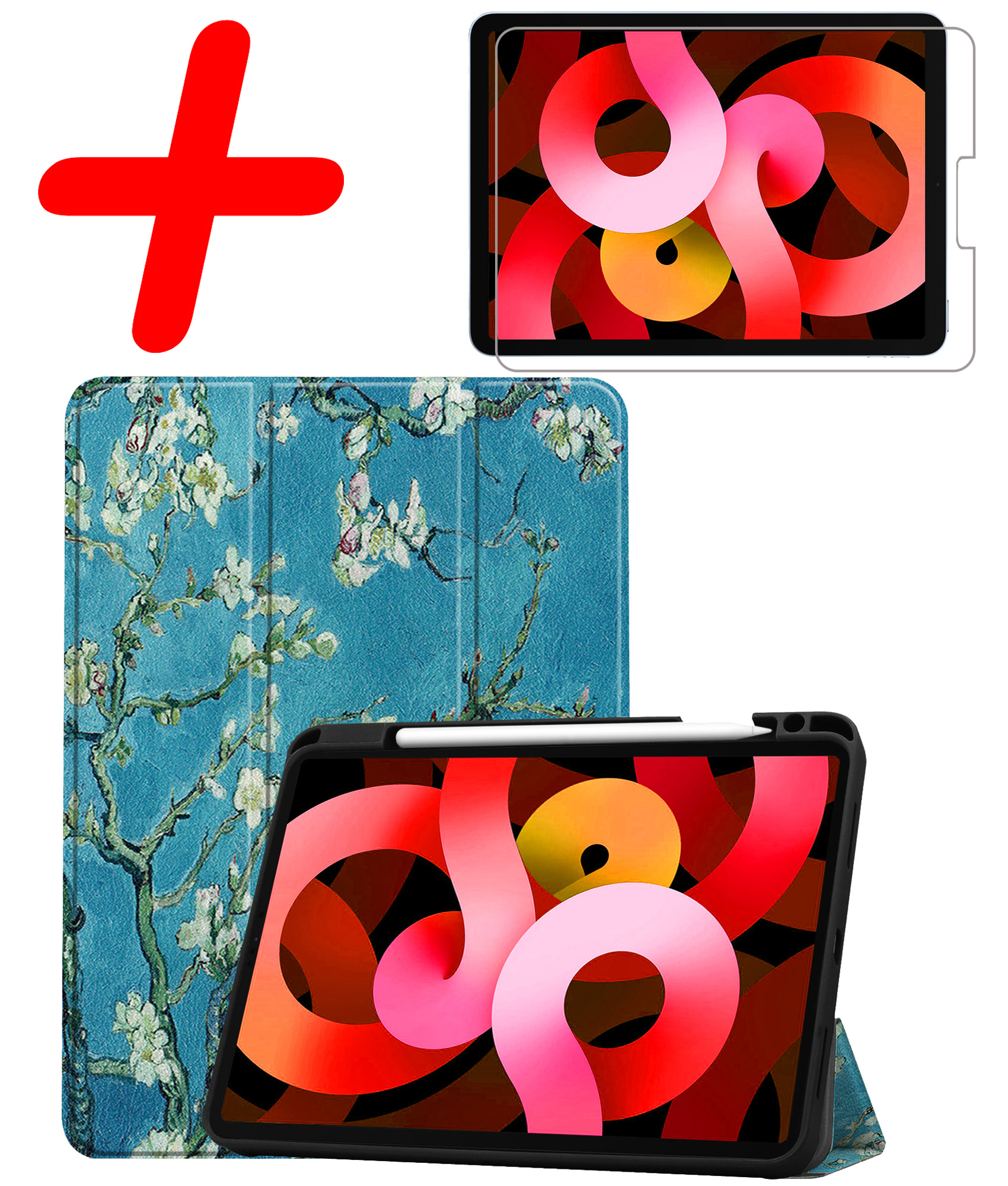 BASEY. Hoesje Geschikt voor iPad Air 2022 Hoes Case Tablet Hoesje Tri-fold Met Uitsparing Geschikt voor Apple Pencil Met Screenprotector - Hoes Geschikt voor iPad Air 5 2022 Hoesje Hard Cover Bookcase Hoes - Bloesem