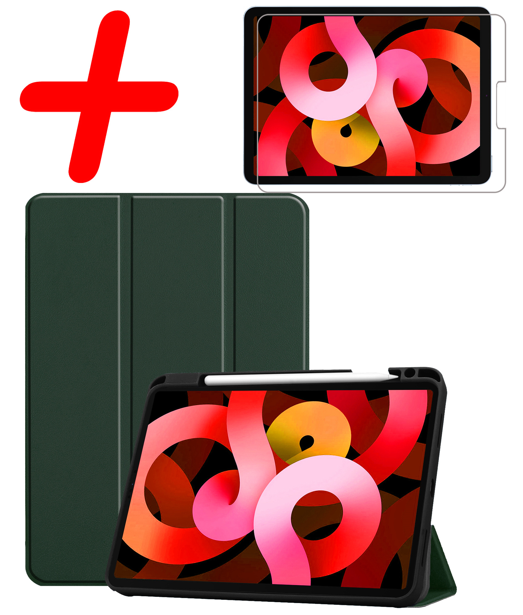 BASEY. Hoesje Geschikt voor iPad Air 2022 Hoes Case Tablet Hoesje Tri-fold Met Uitsparing Geschikt voor Apple Pencil Met Screenprotector - Hoes Geschikt voor iPad Air 5 2022 Hoesje Hard Cover Bookcase Hoes - Donkergroen