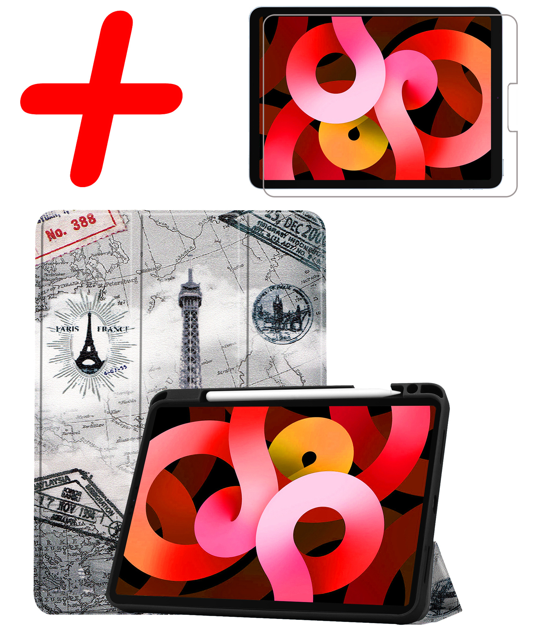 BASEY. Hoesje Geschikt voor iPad Air 2022 Hoes Case Tablet Hoesje Tri-fold Met Uitsparing Geschikt voor Apple Pencil Met Screenprotector - Hoes Geschikt voor iPad Air 5 2022 Hoesje Hard Cover Bookcase Hoes - Eiffeltoren