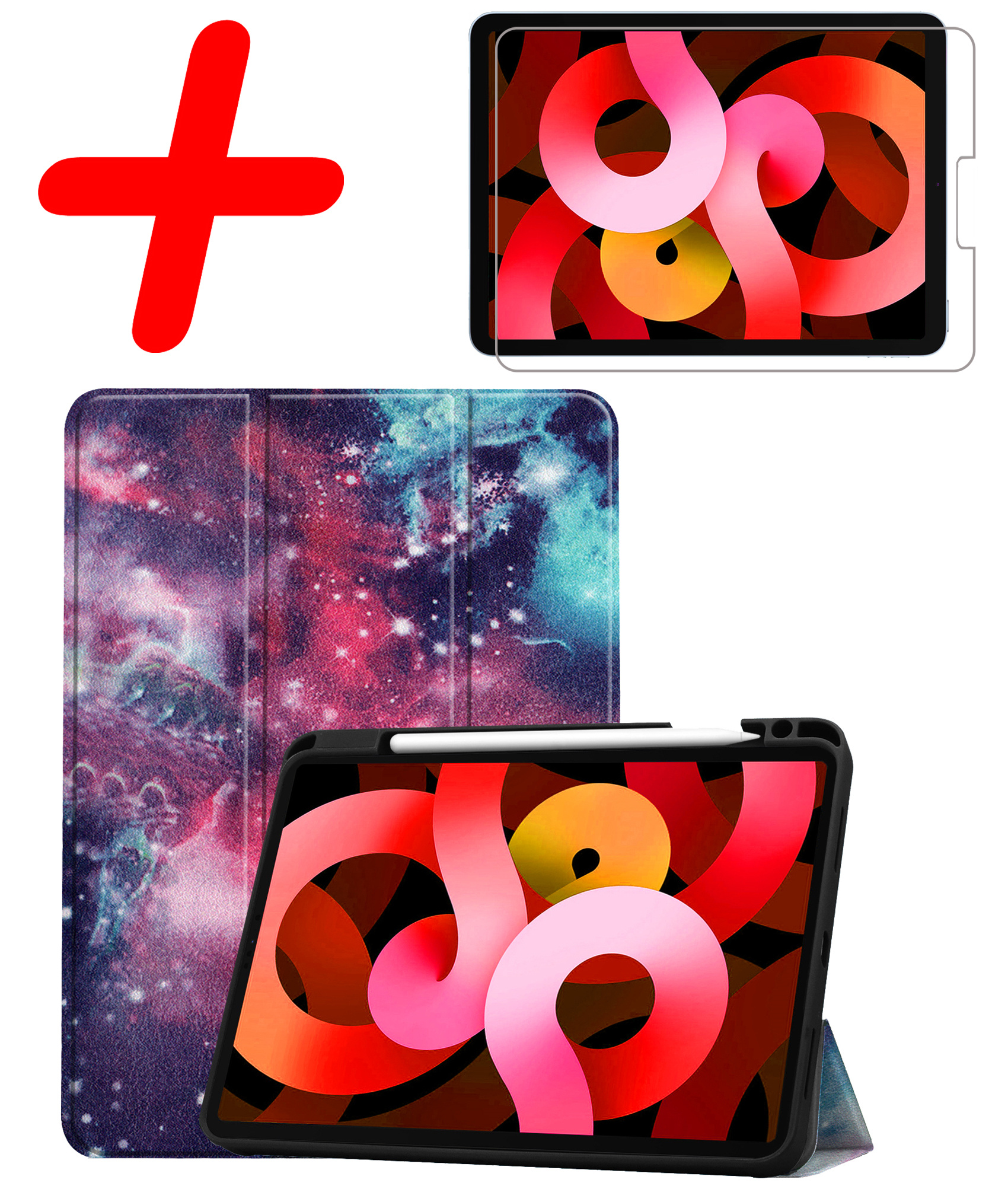 BASEY. Hoesje Geschikt voor iPad Air 2022 Hoes Case Tablet Hoesje Tri-fold Met Uitsparing Geschikt voor Apple Pencil Met Screenprotector - Hoes Geschikt voor iPad Air 5 2022 Hoesje Hard Cover Bookcase Hoes - Galaxy