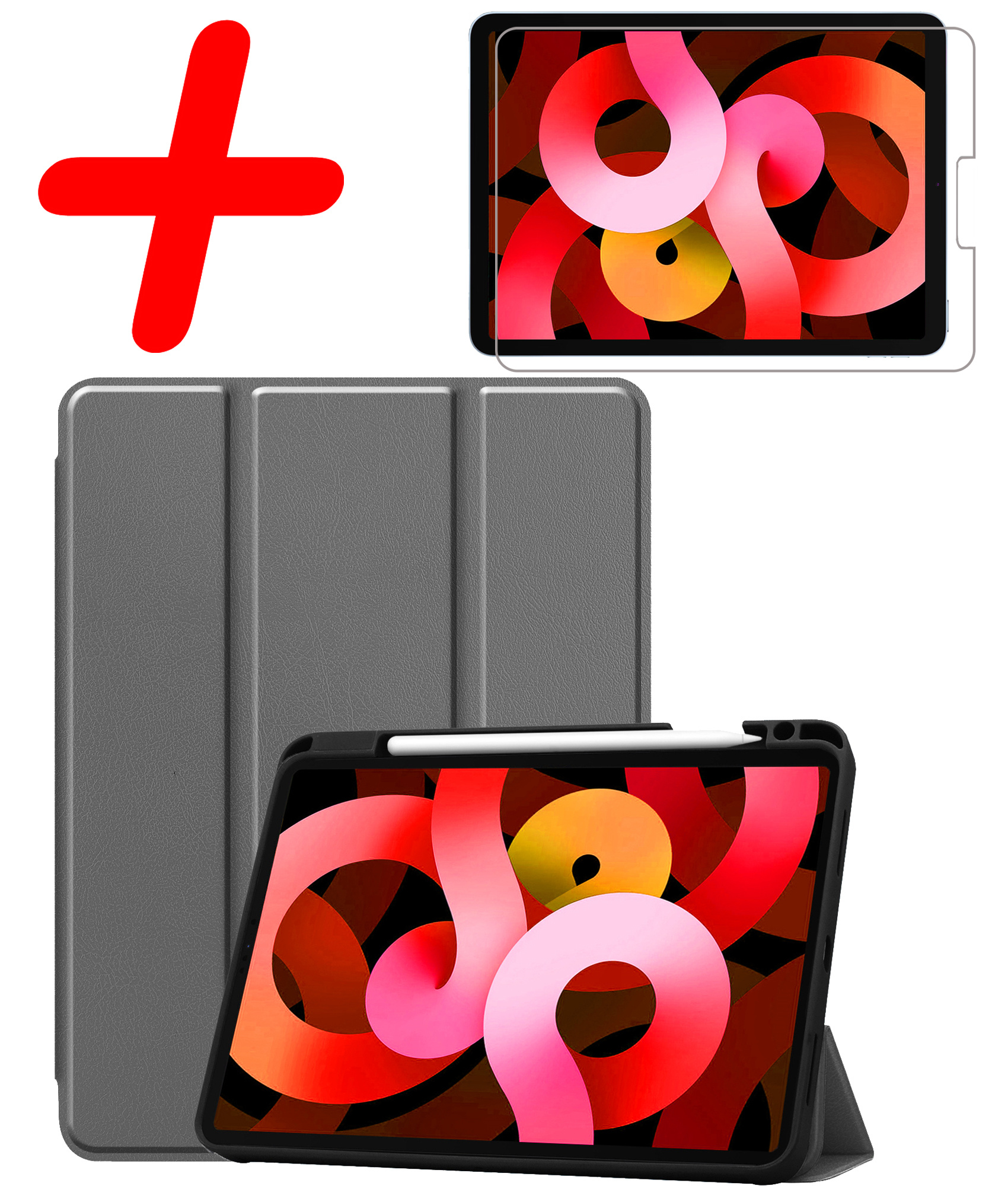 BASEY. Hoesje Geschikt voor iPad Air 2022 Hoes Case Tablet Hoesje Tri-fold Met Uitsparing Geschikt voor Apple Pencil Met Screenprotector - Hoes Geschikt voor iPad Air 5 2022 Hoesje Hard Cover Bookcase Hoes - Grijs