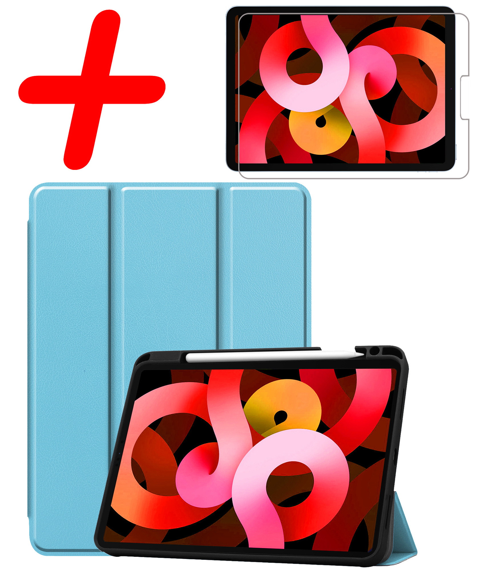 BASEY. Hoesje Geschikt voor iPad Air 2022 Hoes Case Tablet Hoesje Tri-fold Met Uitsparing Geschikt voor Apple Pencil Met Screenprotector - Hoes Geschikt voor iPad Air 5 2022 Hoesje Hard Cover Bookcase Hoes - Lichtblauw