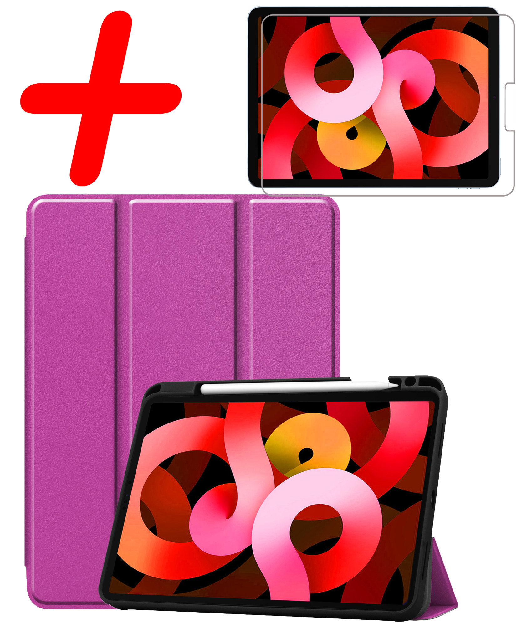 BASEY. Hoesje Geschikt voor iPad Air 2022 Hoes Case Tablet Hoesje Tri-fold Met Uitsparing Geschikt voor Apple Pencil Met Screenprotector - Hoes Geschikt voor iPad Air 5 2022 Hoesje Hard Cover Bookcase Hoes - Paars
