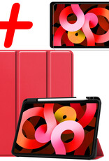 BASEY. Hoesje Geschikt voor iPad Air 2022 Hoes Case Tablet Hoesje Tri-fold Met Uitsparing Geschikt voor Apple Pencil Met Screenprotector - Hoes Geschikt voor iPad Air 5 2022 Hoesje Hard Cover Bookcase Hoes - Rood