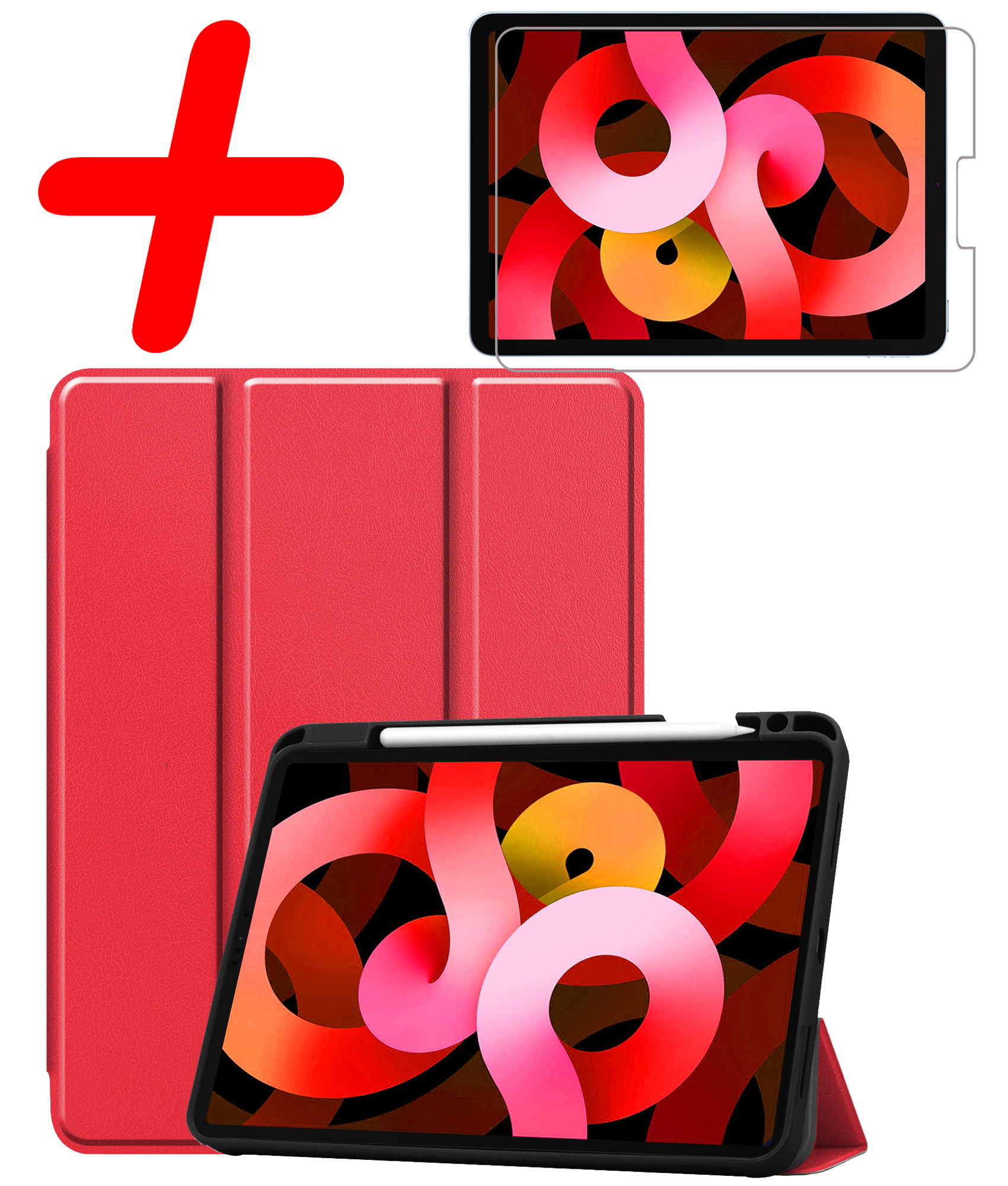 BASEY. Hoesje Geschikt voor iPad Air 2022 Hoes Case Tablet Hoesje Tri-fold Met Uitsparing Geschikt voor Apple Pencil Met Screenprotector - Hoes Geschikt voor iPad Air 5 2022 Hoesje Hard Cover Bookcase Hoes - Rood
