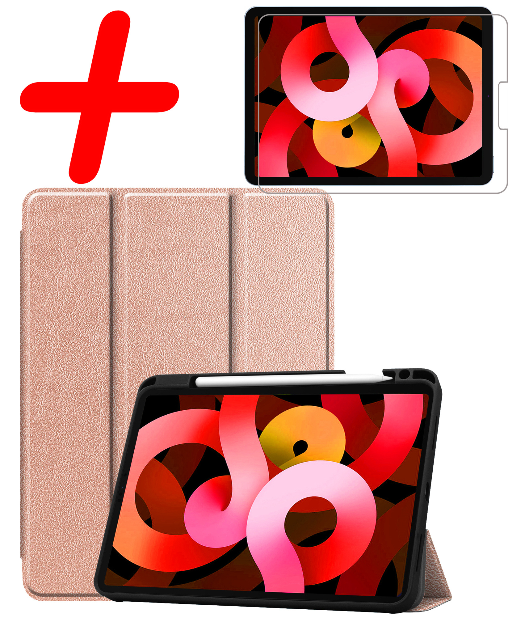 BASEY. Hoesje Geschikt voor iPad Air 2022 Hoes Case Tablet Hoesje Tri-fold Met Uitsparing Geschikt voor Apple Pencil Met Screenprotector - Hoes Geschikt voor iPad Air 5 2022 Hoesje Hard Cover Bookcase Hoes - Rosé goud
