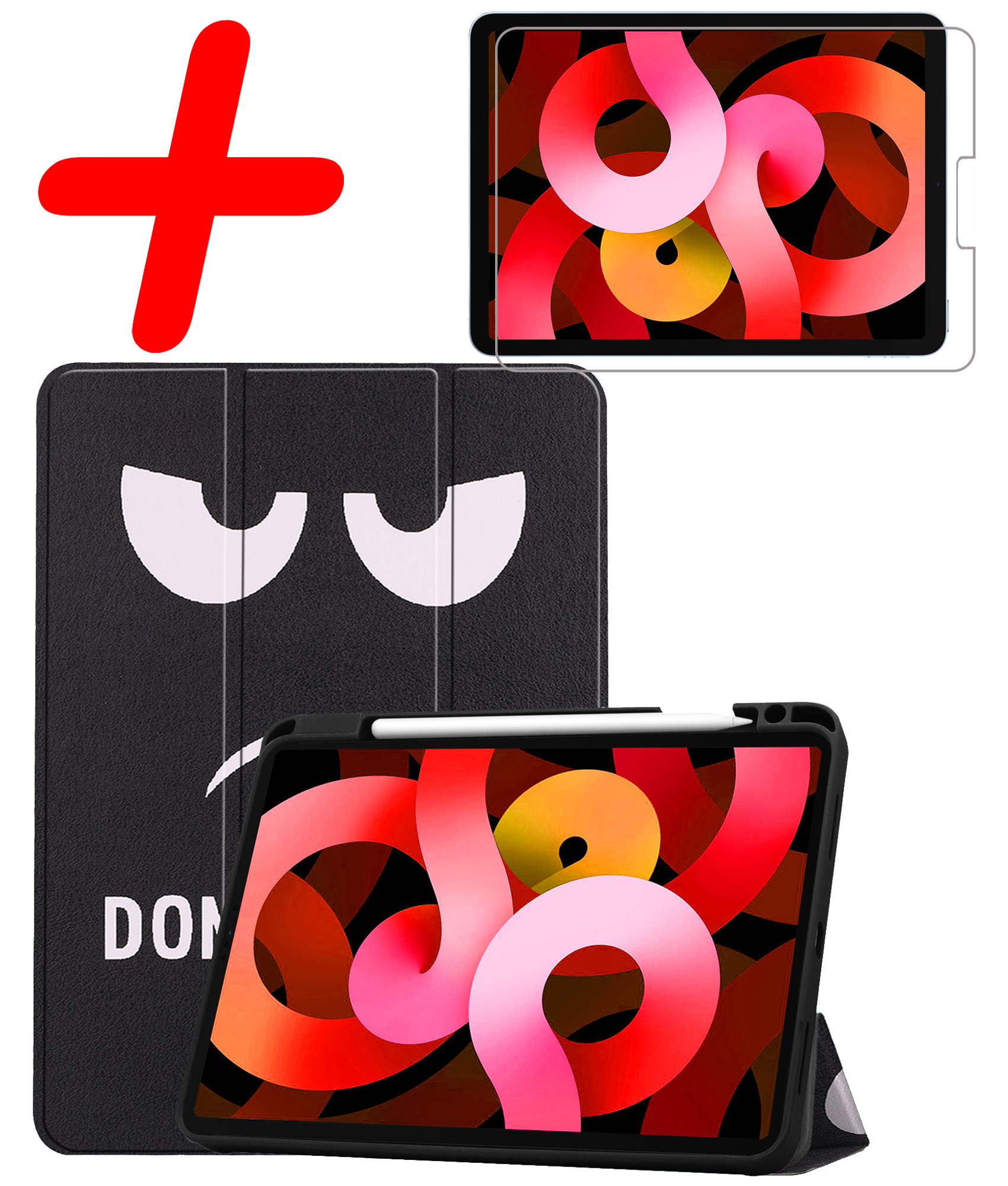 BASEY. Hoesje Geschikt voor iPad Air 2022 Hoes Case Tablet Hoesje Tri-fold Met Uitsparing Geschikt voor Apple Pencil Met Screenprotector - Hoes Geschikt voor iPad Air 5 2022 Hoesje Hard Cover Bookcase Hoes - Don't Touch Me
