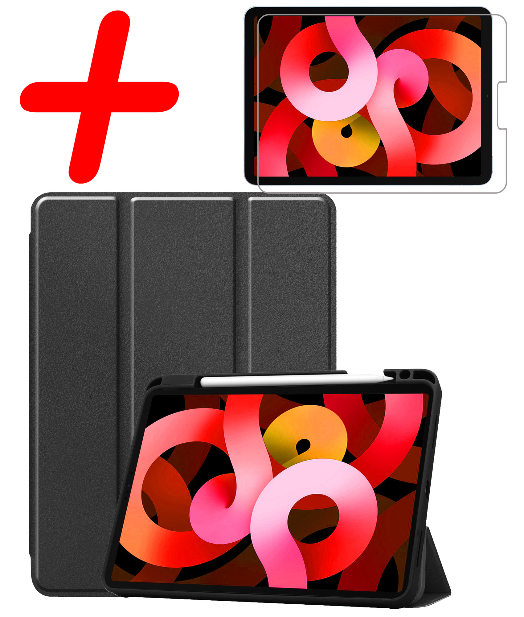 BASEY. Hoesje Geschikt voor iPad Air 2022 Hoes Case Tablet Hoesje Tri-fold Met Uitsparing Geschikt voor Apple Pencil Met Screenprotector - Hoes Geschikt voor iPad Air 5 2022 Hoesje Hard Cover Bookcase Hoes - Zwart