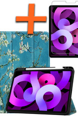 Nomfy Hoes Geschikt voor iPad Air 2022 Hoes Tri-fold Tablet Hoesje Case Met Uitsparing Geschikt voor Apple Pencil Met Screenprotector - Hoesje Geschikt voor iPad Air 5 2022 Hoesje Hardcover Bookcase - Bloesem