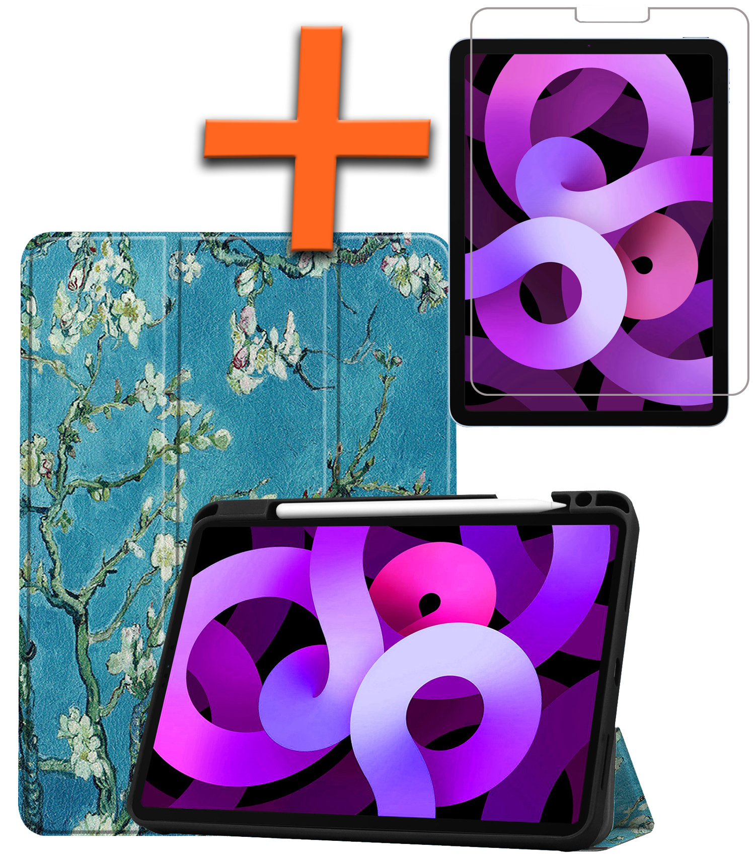 Nomfy Hoes Geschikt voor iPad Air 2022 Hoes Tri-fold Tablet Hoesje Case Met Uitsparing Geschikt voor Apple Pencil Met Screenprotector - Hoesje Geschikt voor iPad Air 5 2022 Hoesje Hardcover Bookcase - Bloesem