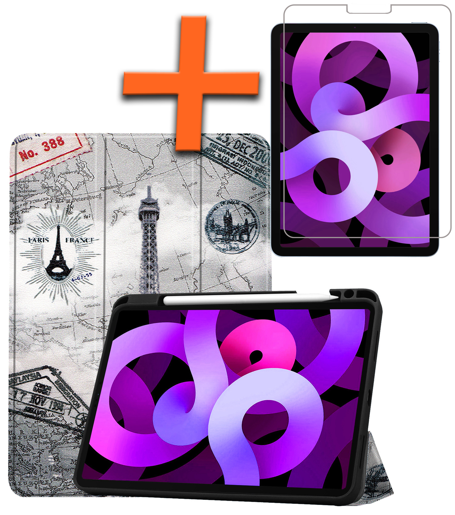 Nomfy Hoes Geschikt voor iPad Air 2022 Hoes Tri-fold Tablet Hoesje Case Met Uitsparing Geschikt voor Apple Pencil Met Screenprotector - Hoesje Geschikt voor iPad Air 5 2022 Hoesje Hardcover Bookcase - Eiffeltoren