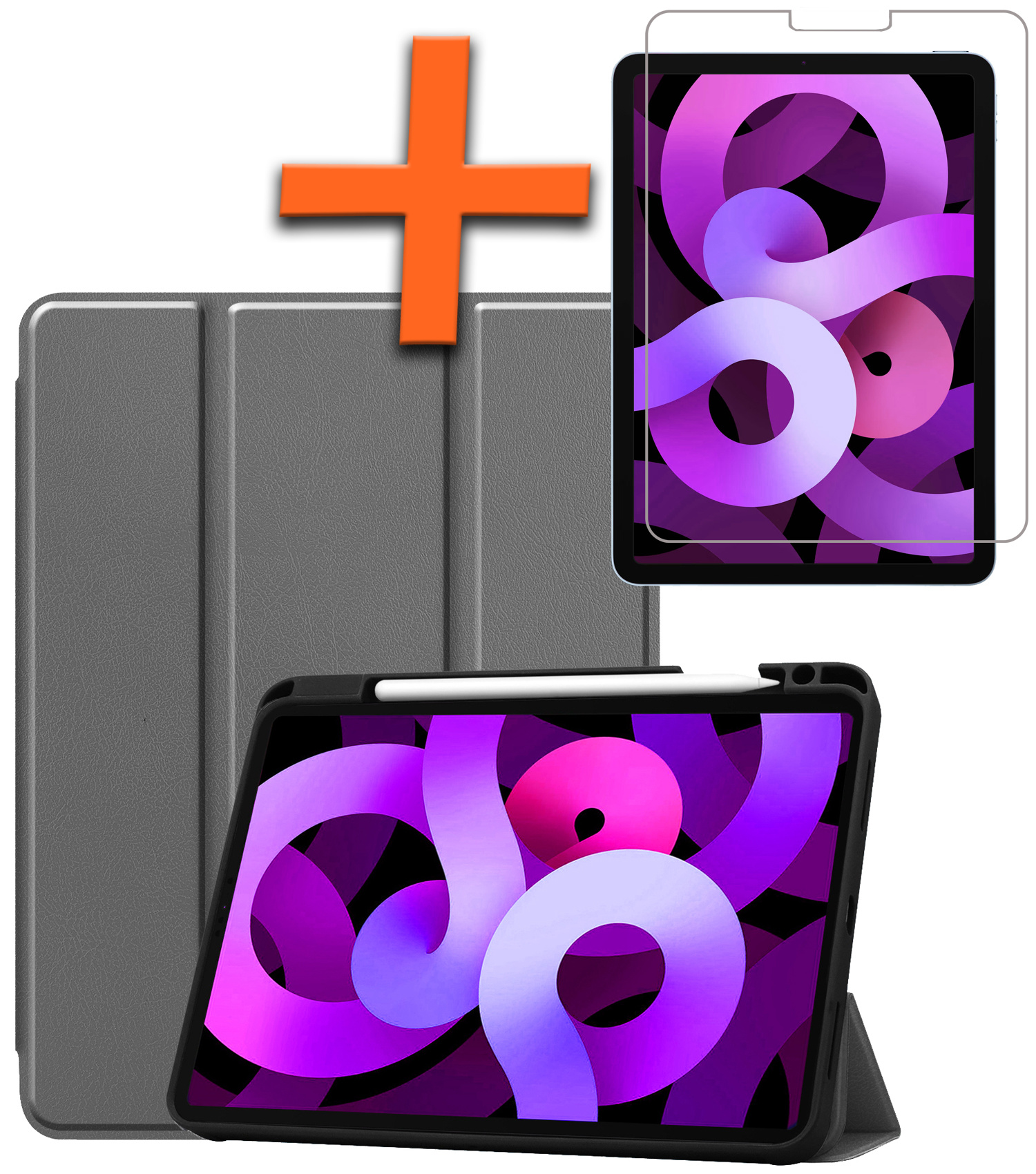 Nomfy Hoes Geschikt voor iPad Air 2022 Hoes Tri-fold Tablet Hoesje Case Met Uitsparing Geschikt voor Apple Pencil Met Screenprotector - Hoesje Geschikt voor iPad Air 5 2022 Hoesje Hardcover Bookcase - Grijs