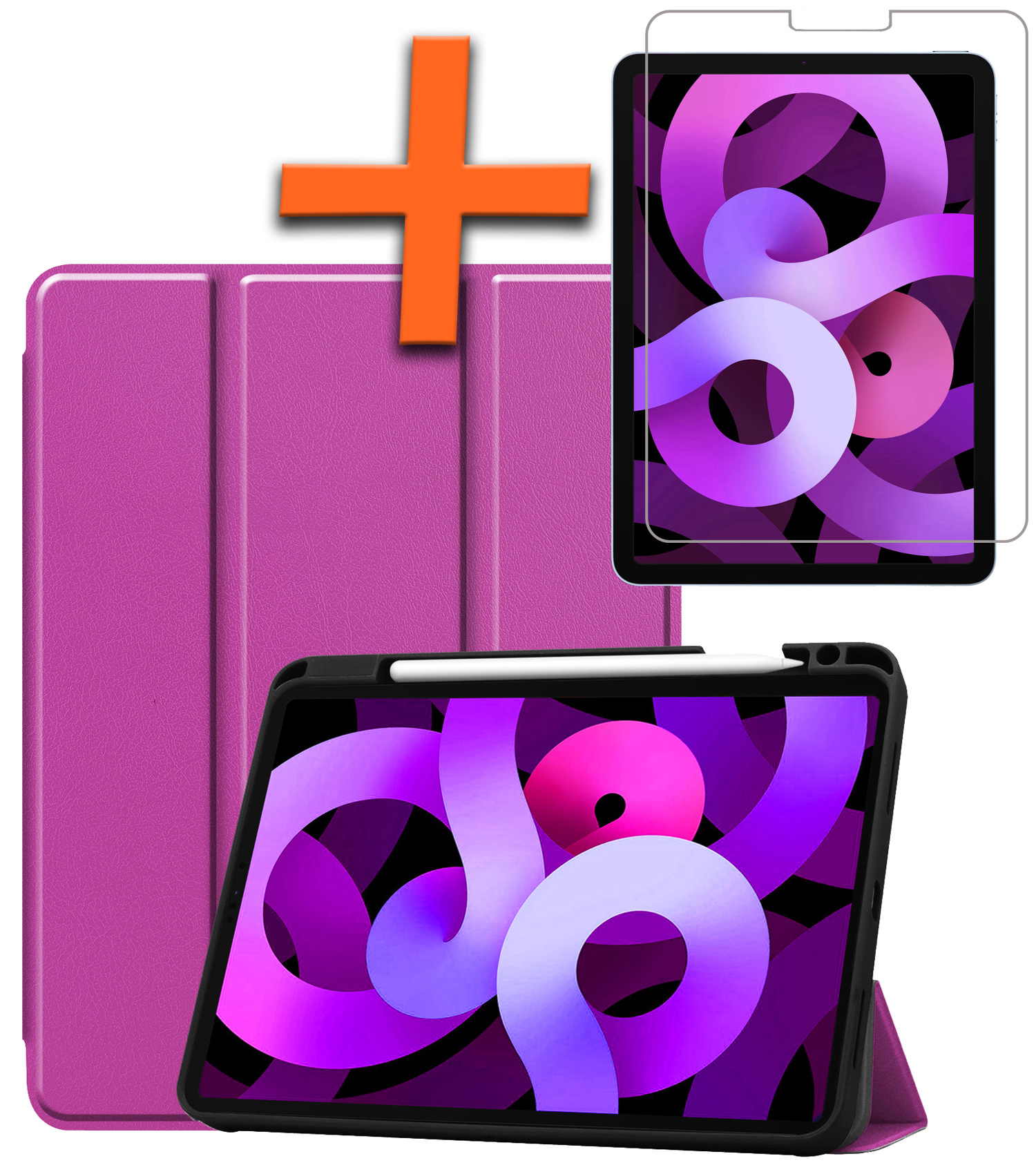 Nomfy Hoes Geschikt voor iPad Air 2022 Hoes Tri-fold Tablet Hoesje Case Met Uitsparing Geschikt voor Apple Pencil Met Screenprotector - Hoesje Geschikt voor iPad Air 5 2022 Hoesje Hardcover Bookcase - Paars