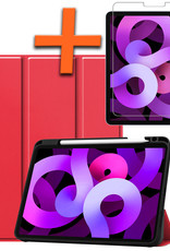 Nomfy Hoes Geschikt voor iPad Air 2022 Hoes Tri-fold Tablet Hoesje Case Met Uitsparing Geschikt voor Apple Pencil Met Screenprotector - Hoesje Geschikt voor iPad Air 5 2022 Hoesje Hardcover Bookcase - Rood