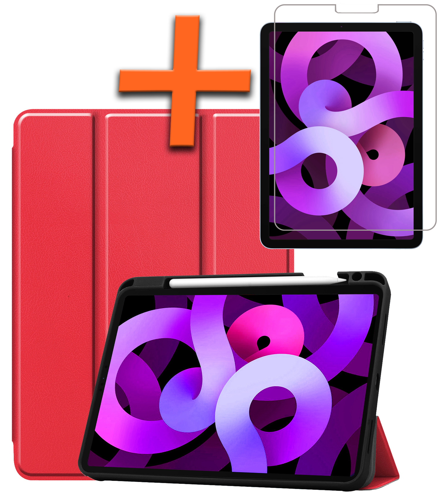 Nomfy Hoes Geschikt voor iPad Air 2022 Hoes Tri-fold Tablet Hoesje Case Met Uitsparing Geschikt voor Apple Pencil Met Screenprotector - Hoesje Geschikt voor iPad Air 5 2022 Hoesje Hardcover Bookcase - Rood